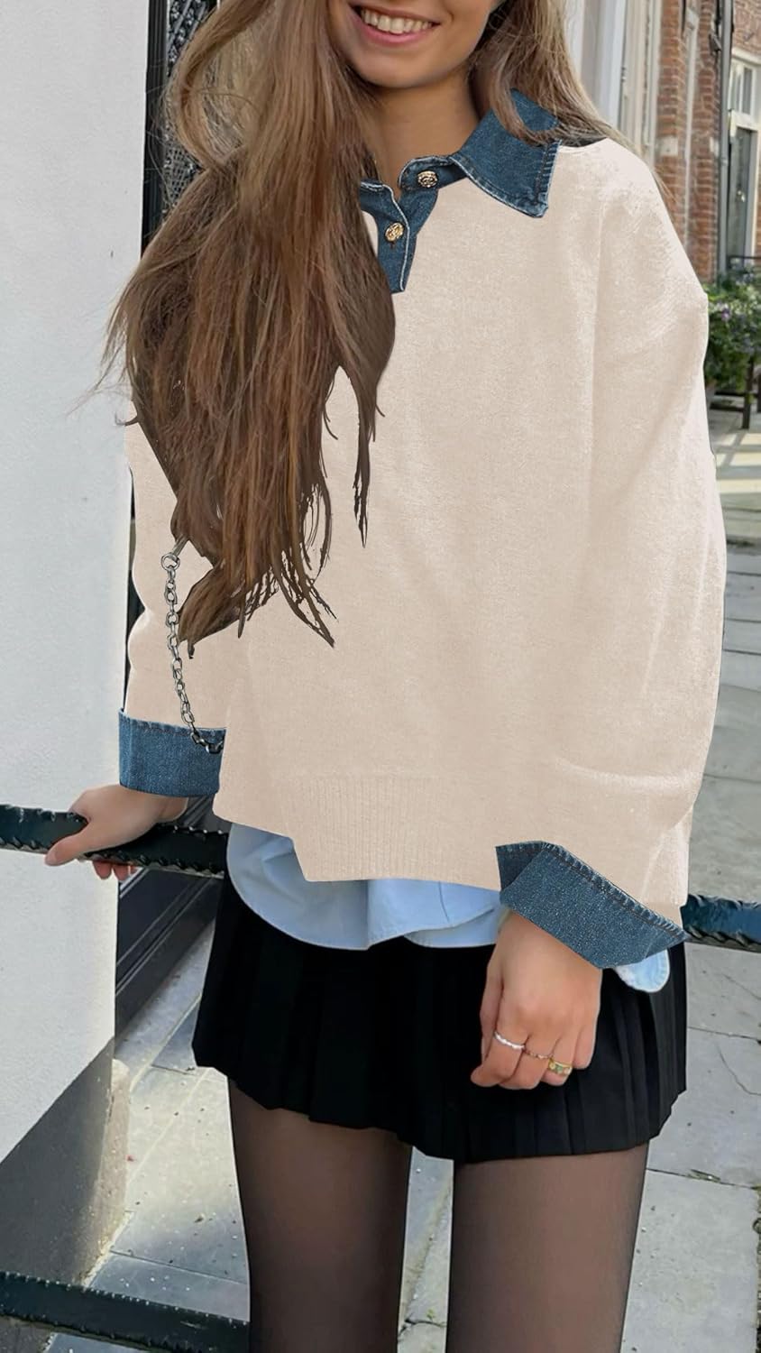 Womens Oversized Sweater Cozy Chunky Long Sleeve Mock Turtleneck V Neck Button Down Denim Polo Pullover Tunic Sweaters - Image 6