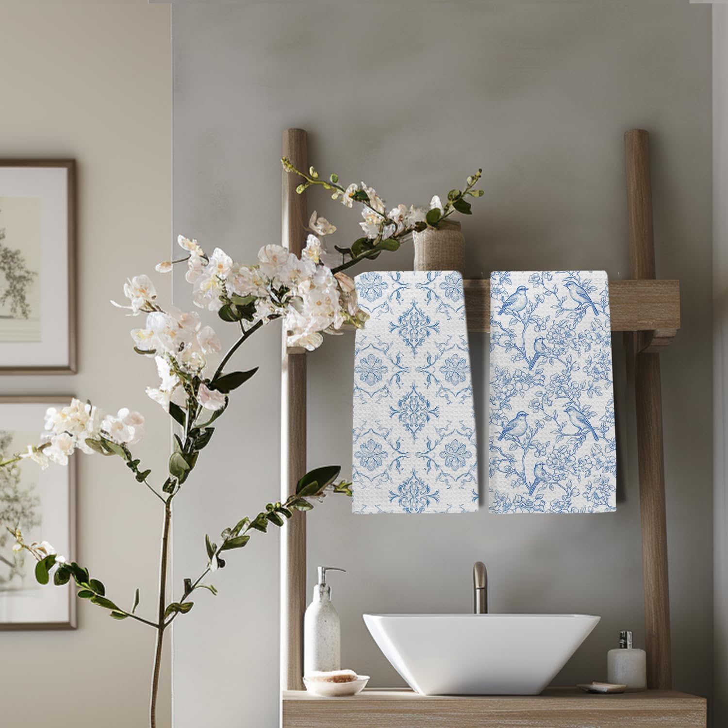 Chinoiserie Floral Bird Kitchen Towels, Vintage Blue and White Dish Tea Towels for Kitchen Decor, Grandmillennial Botanical Bird Decorative Hand Towels for Bathroom, 16x24 Inch Set of 2 - Image 7