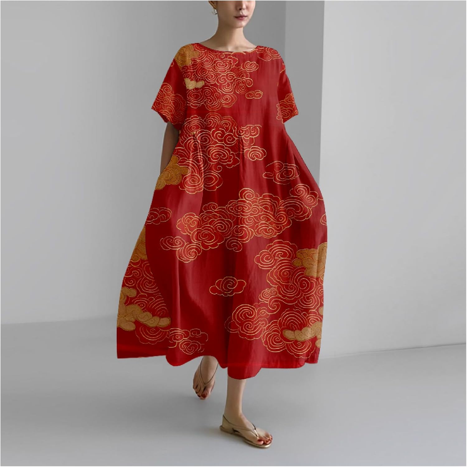 Maxi Dresses for Women 2024 Japanese Art Floral Print Crew Neck Short Sleeve Casual Boho Oversized Dress - Image 2