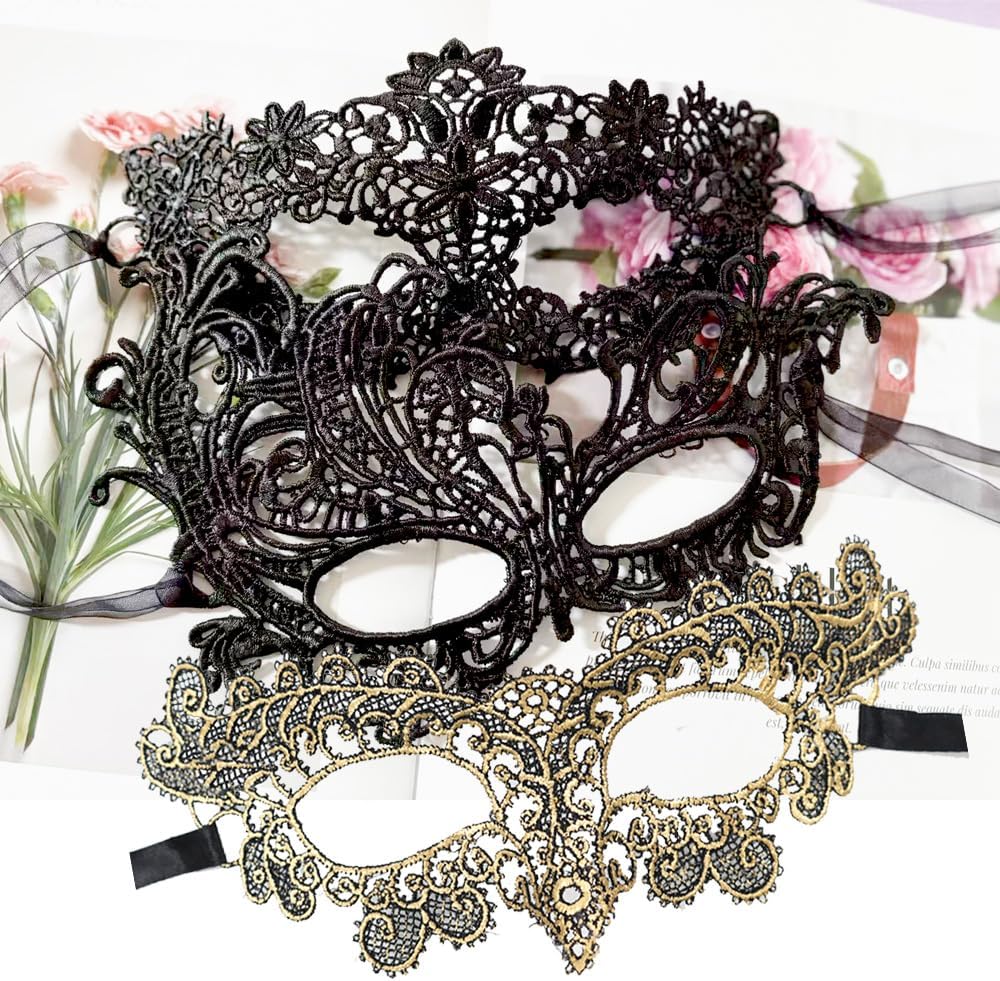 Masquerade Masks for Women Couples & Men - Venetian Dress & Mardi Gras Mask in Gold & Black Lace Adults Party Costume