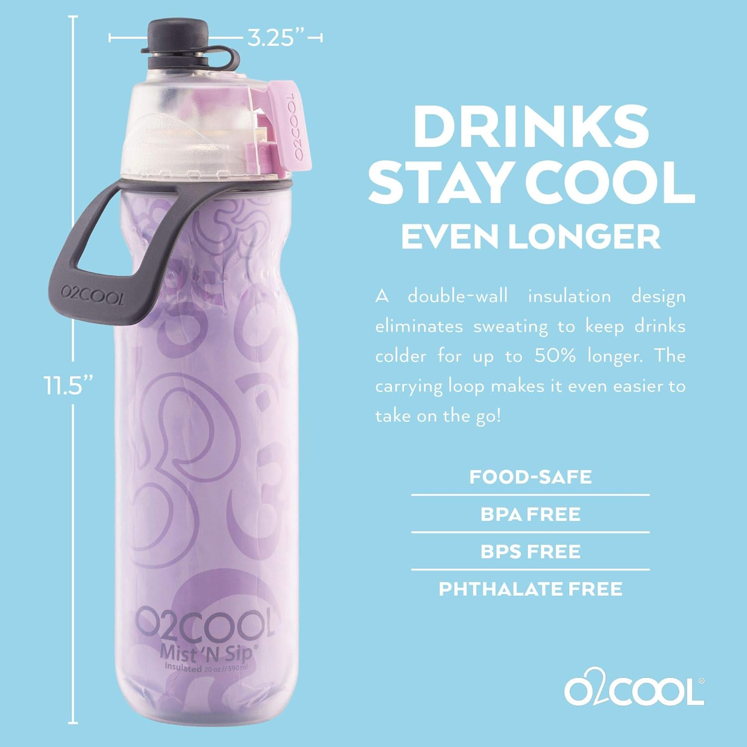 O2COOL Mist 'N Sip Misting Water Bottle 2-in-1 Mist And Sip Function With No Leak Pull Top Spout Reusable Sports Water Bottle - 20 oz (Yoga Lilac) - Image 3