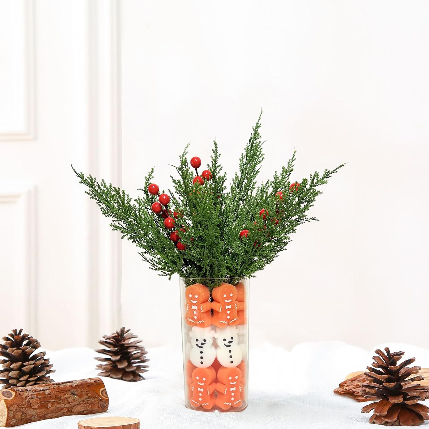 72Pcs Christmas Artificial Pine Branches Red Berry Stems with Gingerbread Man Snowman Vase Filler Set, Christmas Vase Fillers Party Decoration Centerpieces for Tables