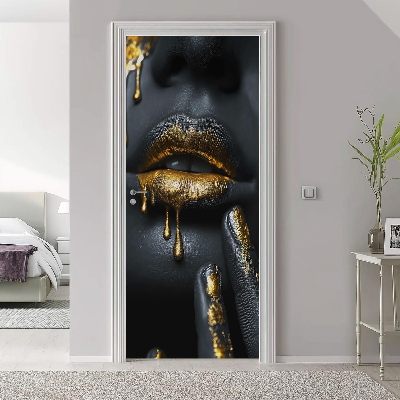 Papel pintado autoadhesivo para puerta estilo moderno 3D póster para puerta, adhesivo para puerta, abstracto mujer graffiti impermeable vinilo lámina para puerta, color gris oscuro, papel pintado