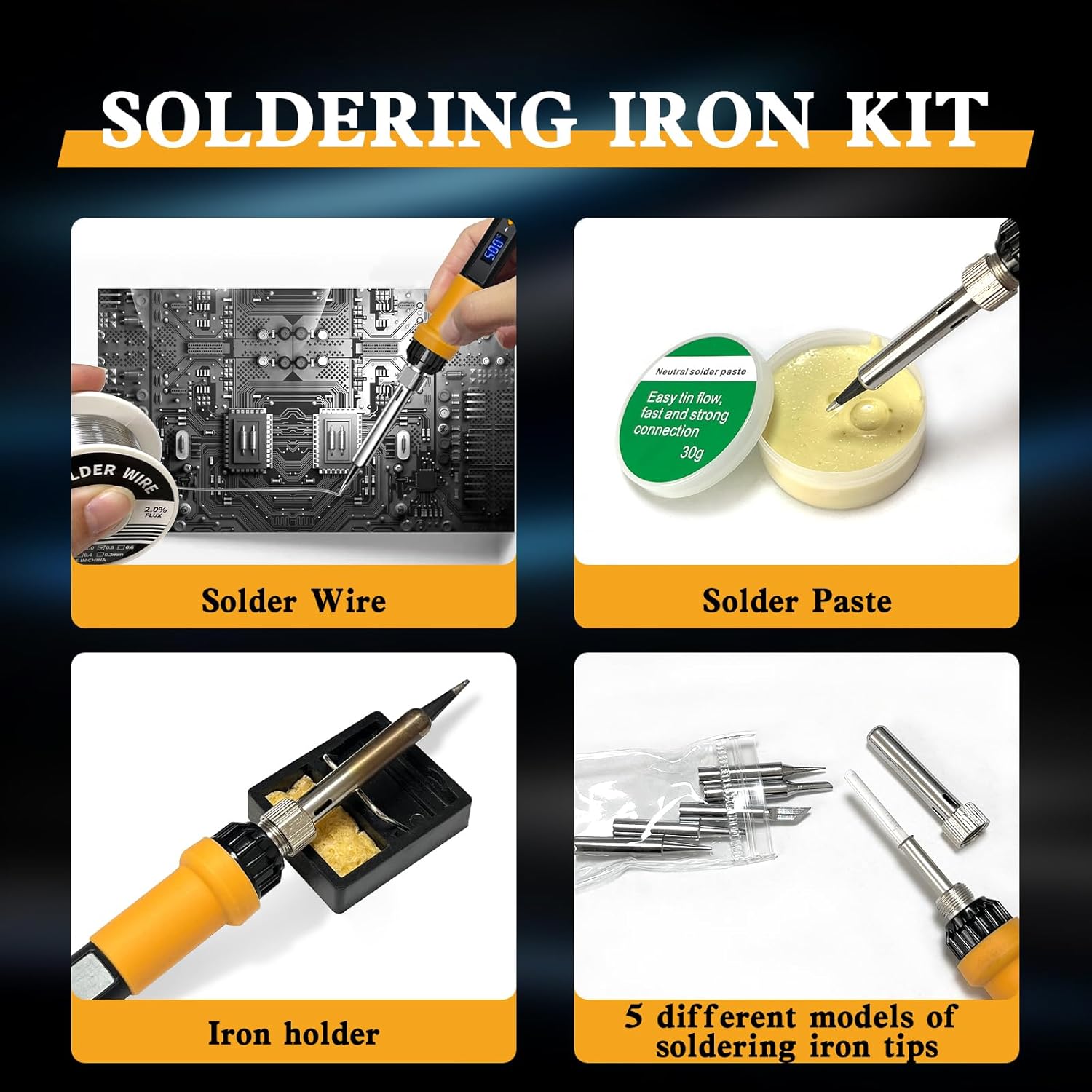Soldering Iron Kit,80W LED Display Adjustable Temperature Soldering Iron Kit with Automatic Sleep Mode, Includes 5 Tips, Solder Wire, Stand, Flux - Professional Orange Welding Tool for Repair and DIY
