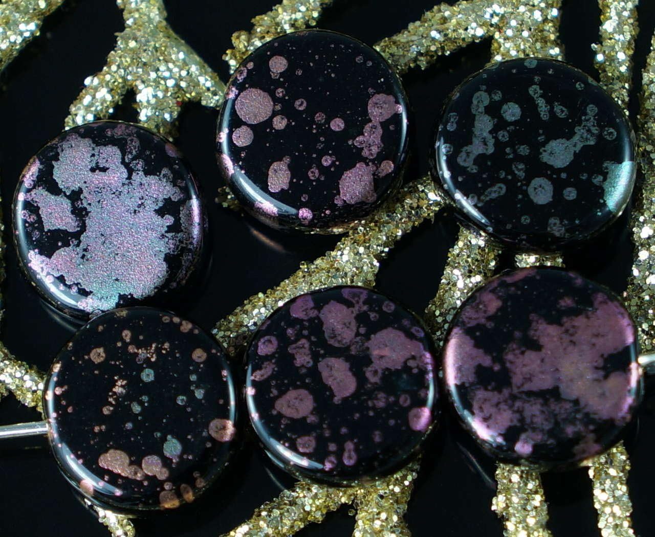 Black Multicolor Spotted Czech Glass Flat Round Coin Beads 10mm 16pcs
