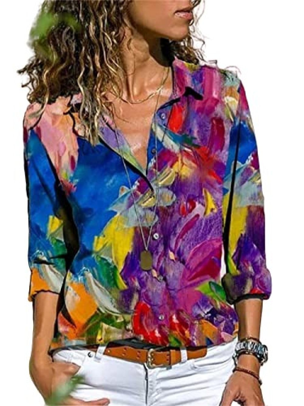 MIDJ Blusen Damen,Blusen Bunt Gemusterte Hemden Lässige Revershemden Pullover Langarmhemden Schicke Oberteile Mit Knöpfen Lockere Langarm-Sweatshirts für Mädchen