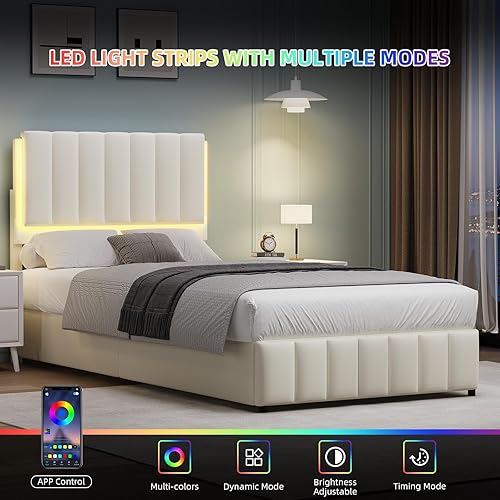 Miniatura 3 de Base de cama tapizada individual con luces LED, plataforma de piel sintética con cabecera y soporte de listones de madera, no necesita somier, sin