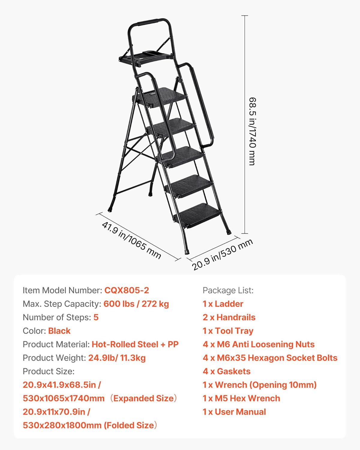 VEVOR 5 Step Ladder, Folding Step Stool with Wide Anti-Slip Pedal, Tool Tray, Dual Side Handrails, 600 lbs Capacity Portable Steel Ladder, Multi-Use for Kitchen, Home, Household and Office, Black