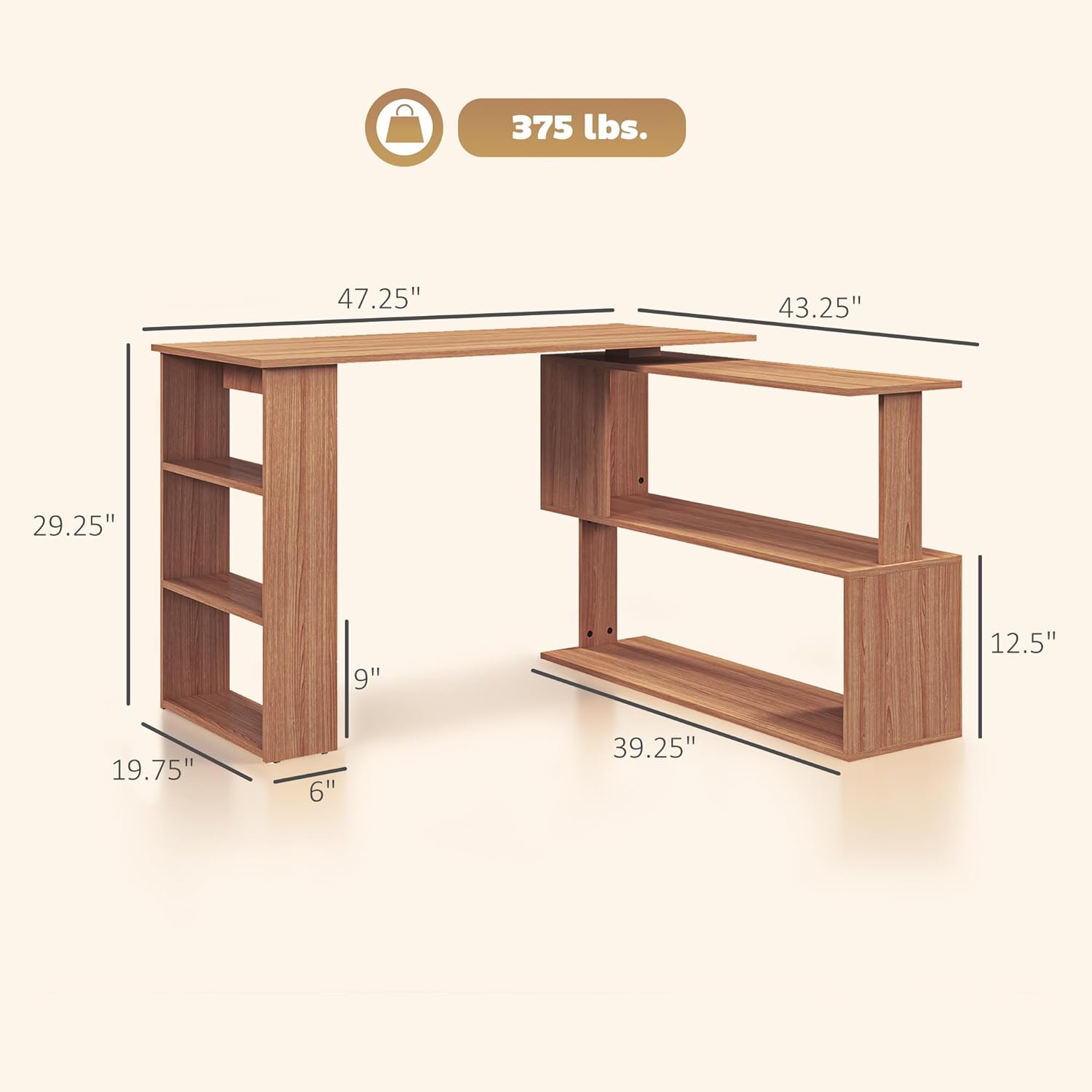 HOMCOM L Shaped Desk, Corner Computer Desk, 360 Degree Rotating Home Office Desk with Storage Shelves, Writing Table Workstation, Teak