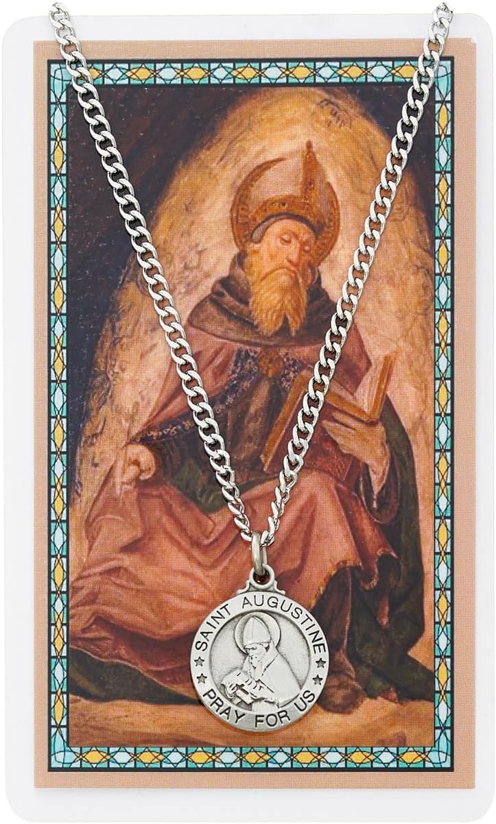 NECKLACE-METAL ST AUGUSTINE PRAYER CARD SET, PEWTER MEDAL INCLUDES 24" SILVERTONE CHAIN & LAMINATED HOLY CARD