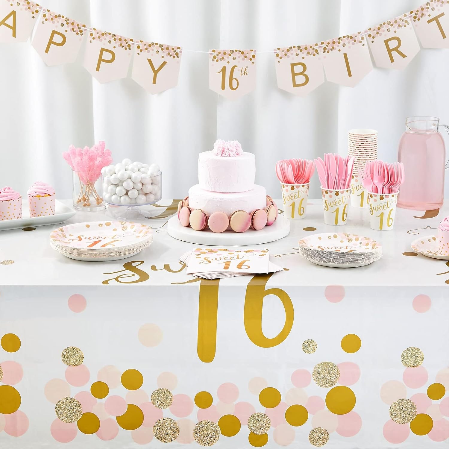 blue panda rose gold sweet 16 dinnerware set - kit for 24 guests with sweet 16 plates & napkins - disposable design & 16th birthday party supplies - table cover & banner, rose gold, 170-piece set
