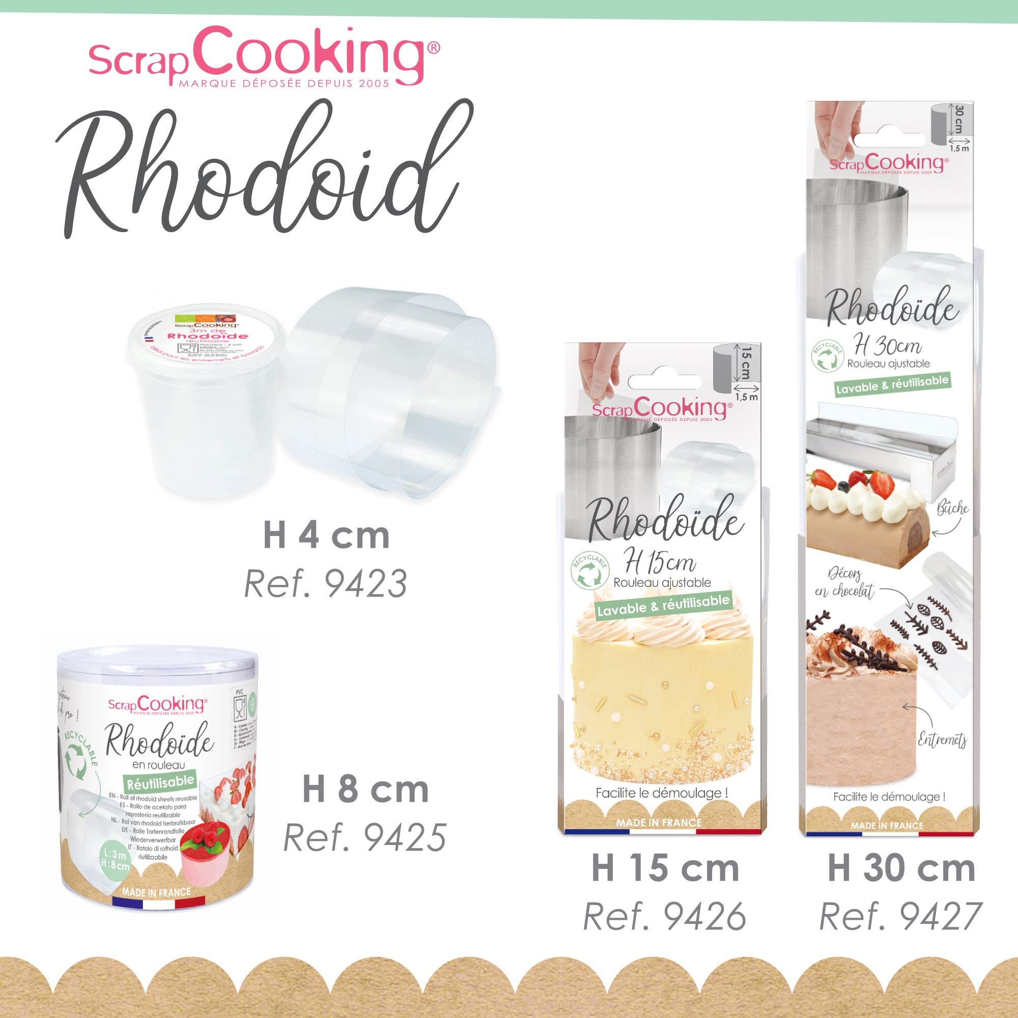 ScrapCooking Rhodoid Ribbon H 15 cm x 1,5 m, przezroczysta rolka rodoidów - do ciast, deserów, musów, serników, folii akcesoriów do wypieków, wyprodukowano we Francji, 9426