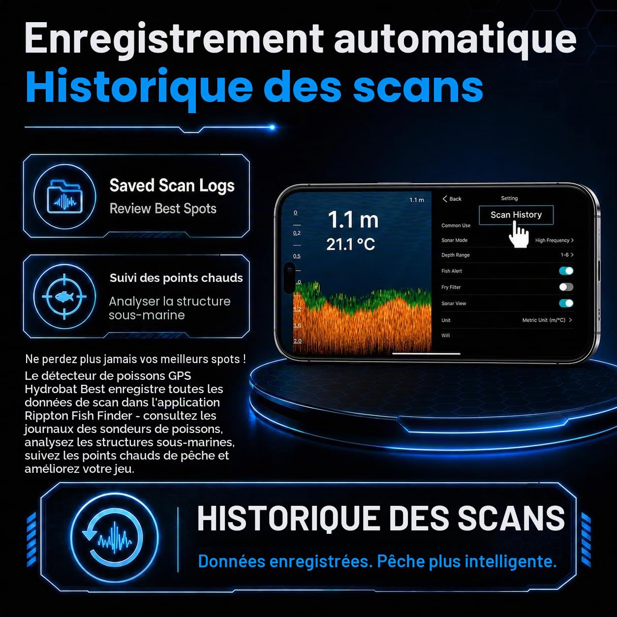 Hydrobat Sondeur de pêche sans Fil avec cartographie GPS, contrôle par Application, Suivi de la Profondeur, détecteur de Poissons Portable pour pêche à Terre et en Bateau