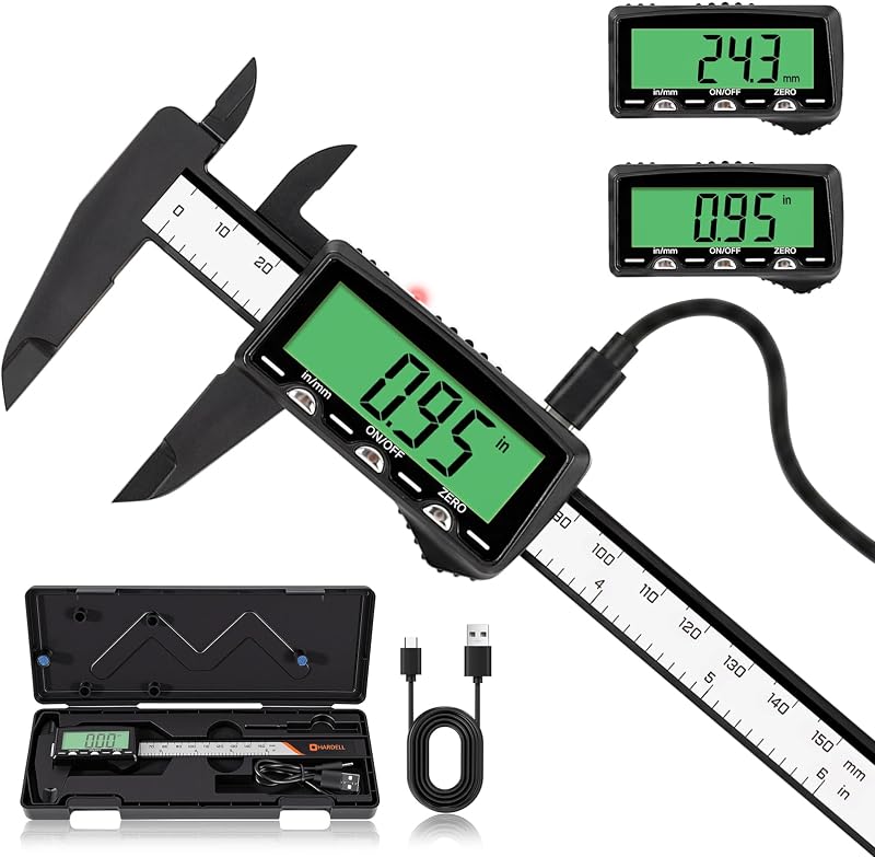 HARDELL Calibrador digital recargable de 6 pulgadas, calibradores de plástico, pantalla verde | herramienta de medición de calibrador diario de alto contraste, pulgadas/MM, apagado automático, para carpintería, bricolaje, joyería, hogar, sin retroiluminación