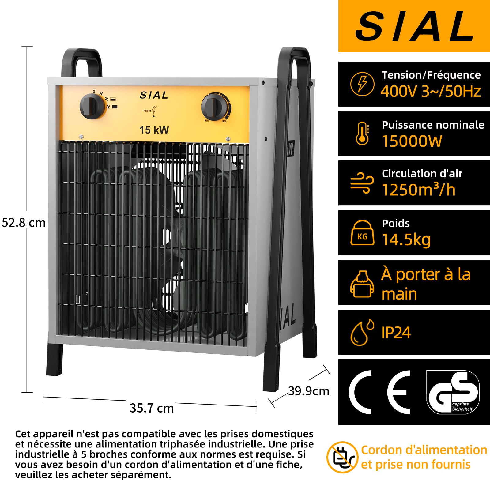 SIAL Chauffage Soufflant 15kW 400V de Chantier, Radiateur Électrique,DA15