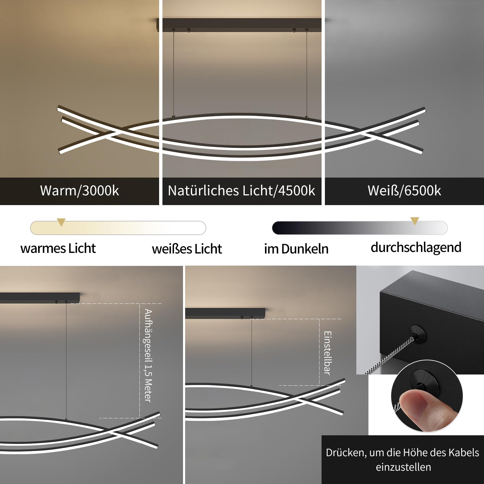 Mikeru Moderna Lampada a Sospensione a LED, 100cm Colore Nero Dimmerabile per Sala Da Pranzo con Telecomando e Funzione Memoria 3 Luci a Colori (3000k/4500k/6000k) Lampadario per Cucina, Interni
