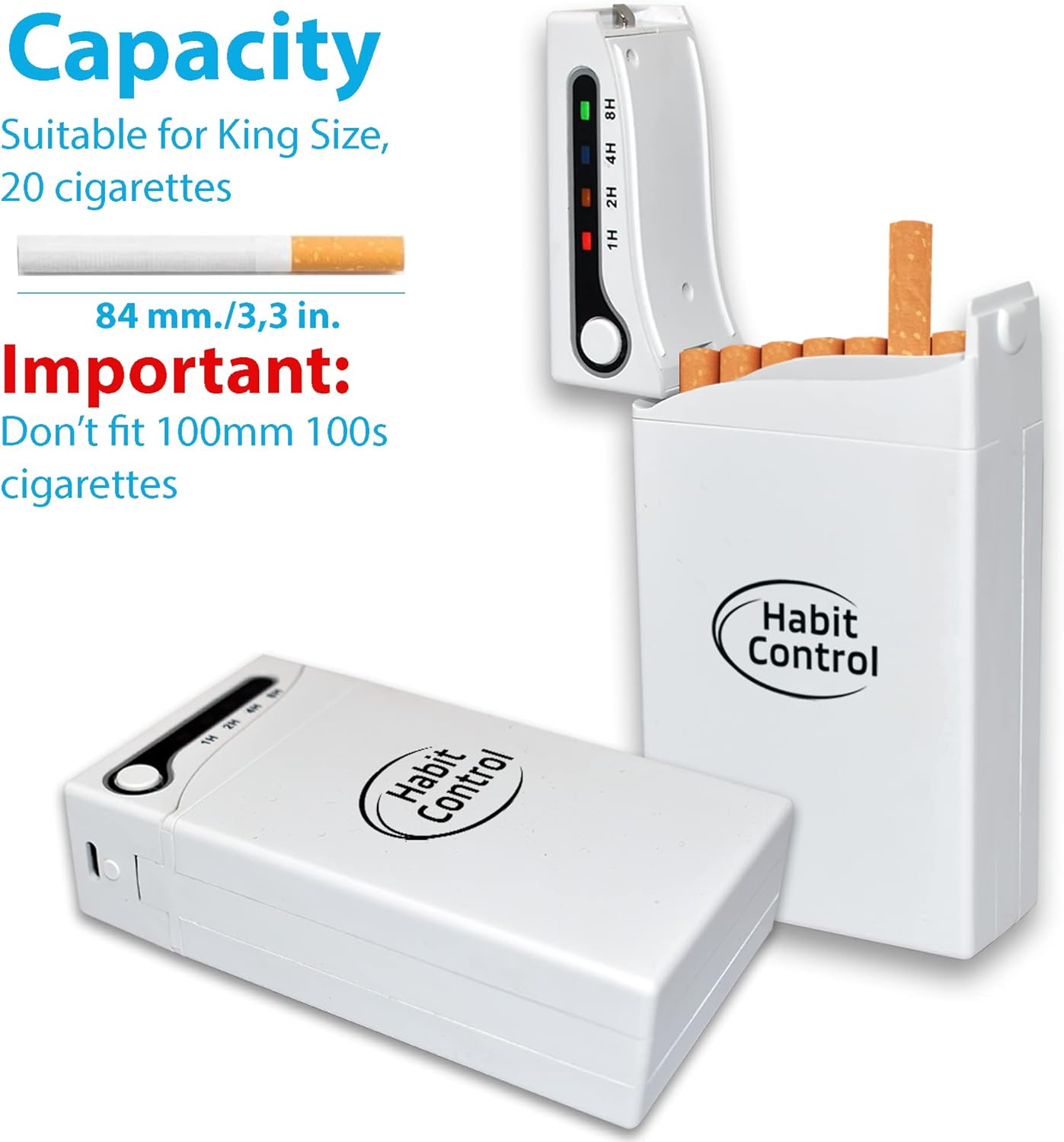 Habit Control. Electronic Locking Cigarette Case with Timer – Full Pack Time Lock Box to Help to Reduce Smoking Addiction for 84mm/3.3in King Size(Short) Cigarettes – Stop Smoking Aids that Work