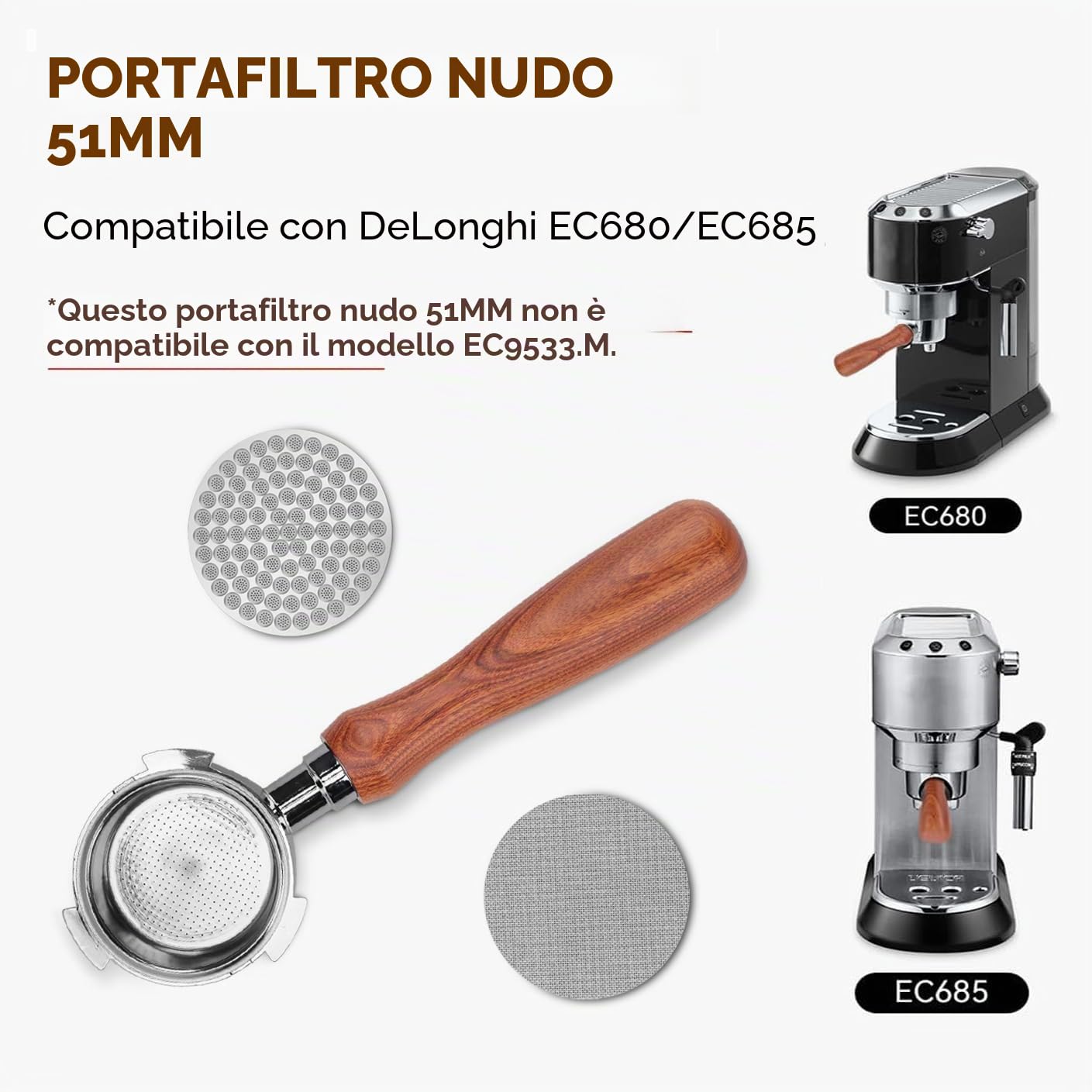 Portafiltro Senza Fondo da 51mm con Schermo a Disco compatibile per DeLonghi EC680/EC685, portafiltro da 51 mm con cestello filtro in acciaio inox manico in legno