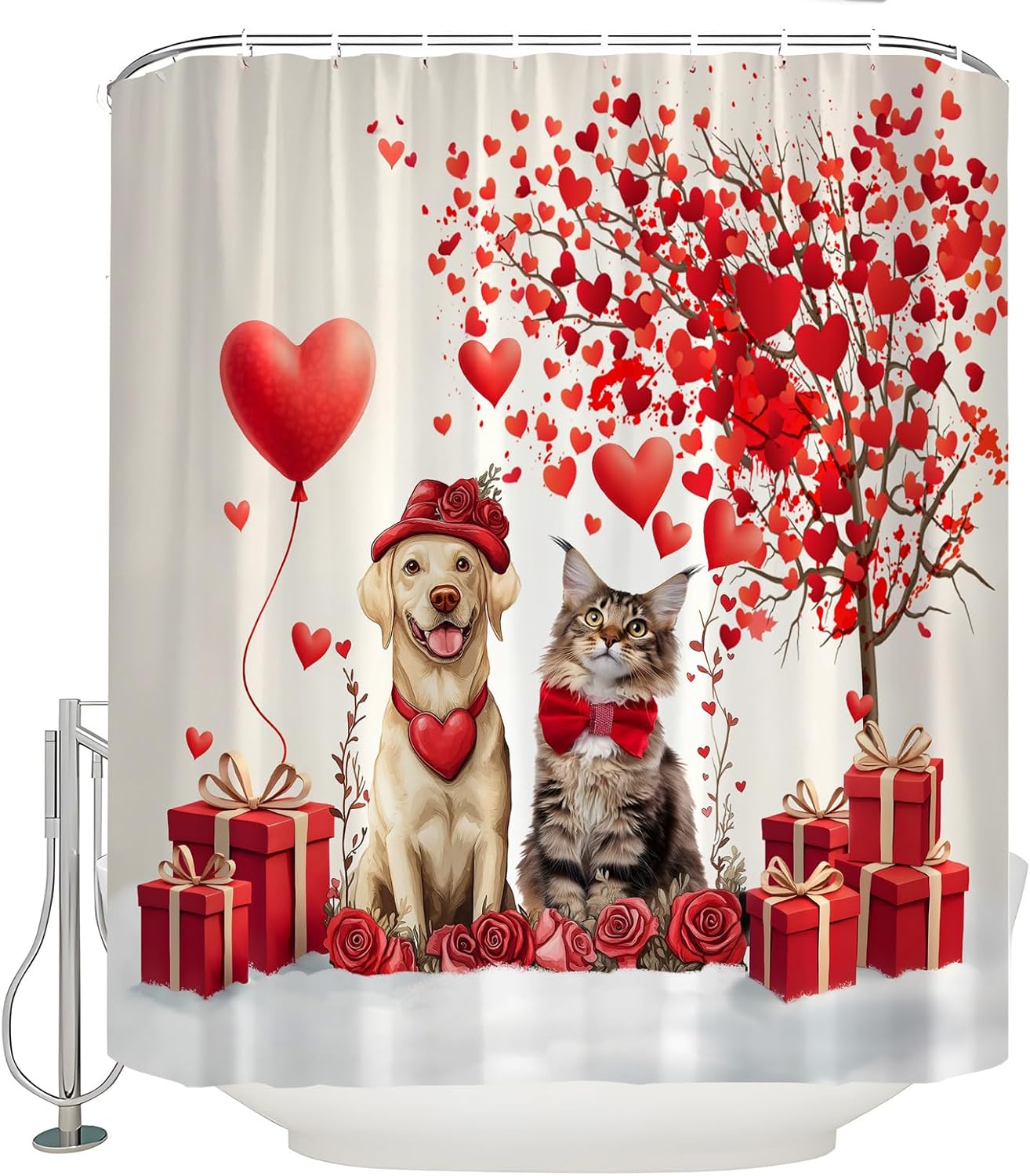 Valentines Cat Dog Shower Curtain Wedding Funny Animals Balloons Red Love Falling Hearts Tree Romantic Fabric Bath Curtains with Hook,70x83.8 Inch