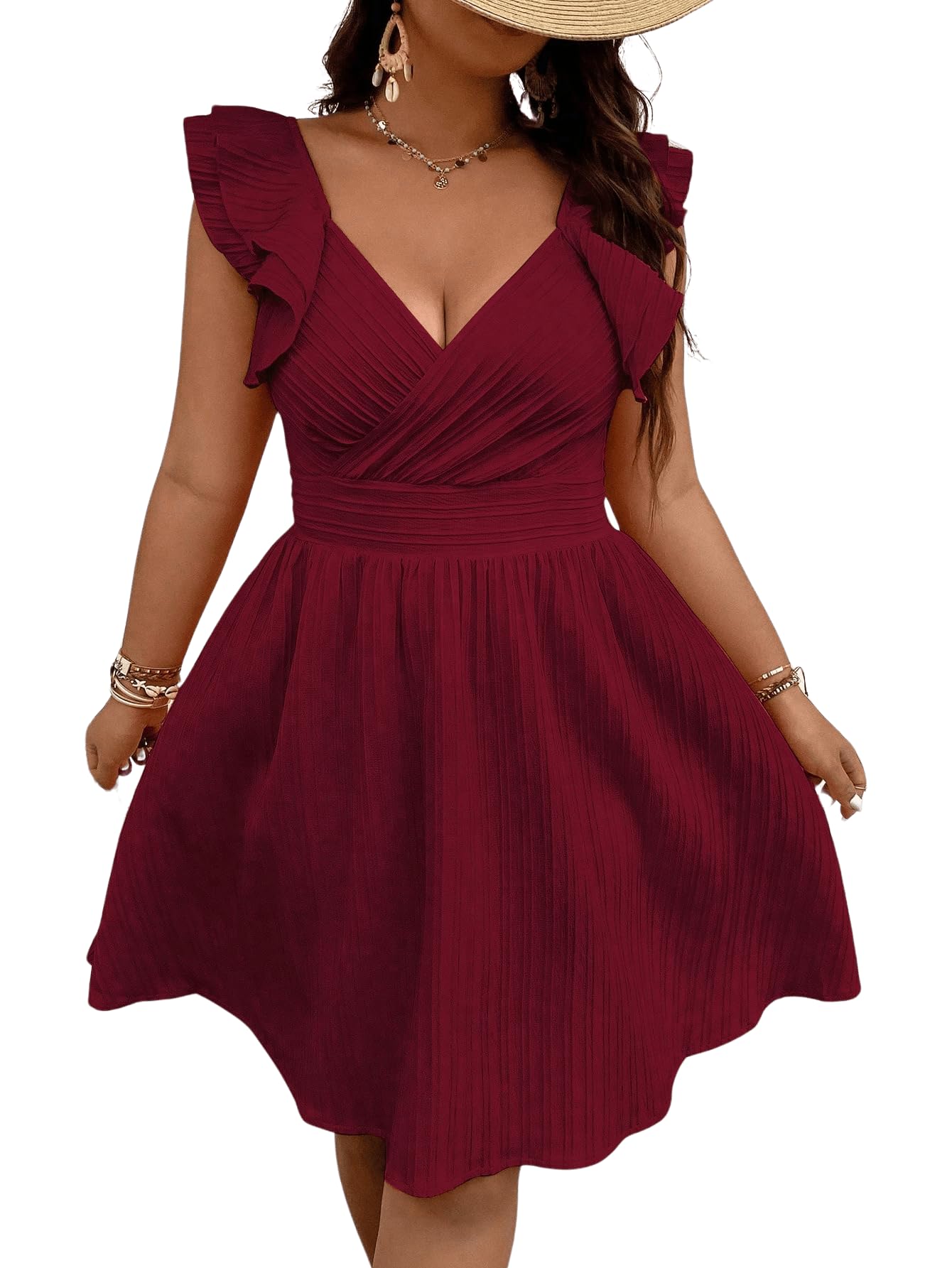 Floerns Women's Plus Size Wrap Front Sweetheart Neck Ruffle Cap Sleeve A Line Dress