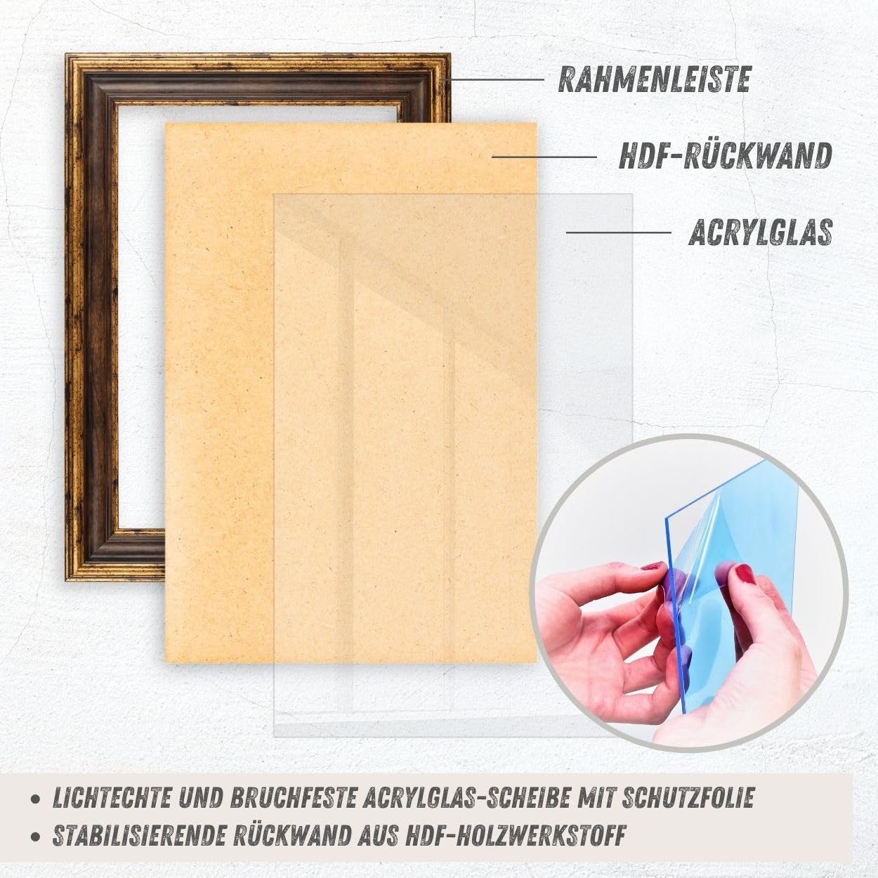 N°78 Barock Bilderrahmen 20x20 cm Bildmaß, Braun Gold | breite Echtholz-Profilleiste, Acrylglas glasklar & bruchsicher, Vintage-Stil, HDF-Rückwand, Metallaufhänger, handgefertigt