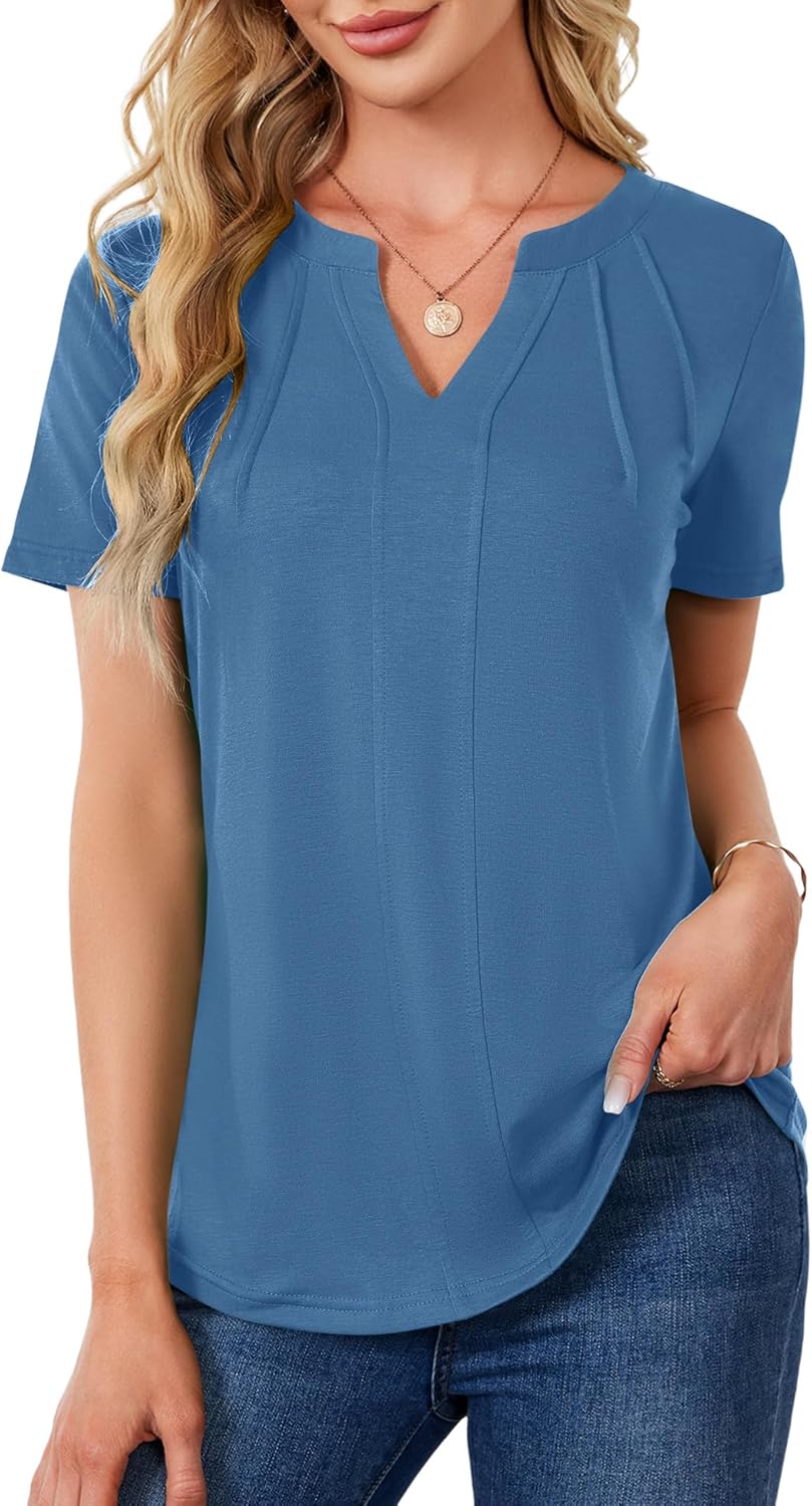 AKEWEI Short Sleeve Blouses for Women V Neck T Shirts Pleated Summer Dressy Casual Tops - Image 3