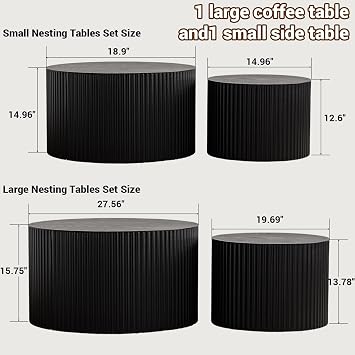 Round Nesting Coffee Table Set of 2 Fluted Coffee Table and Side Table Set Contemporary Living Room End Table Bedroom Balcony Drum Side Table Circular Stackable Coffee Table,Black,Small