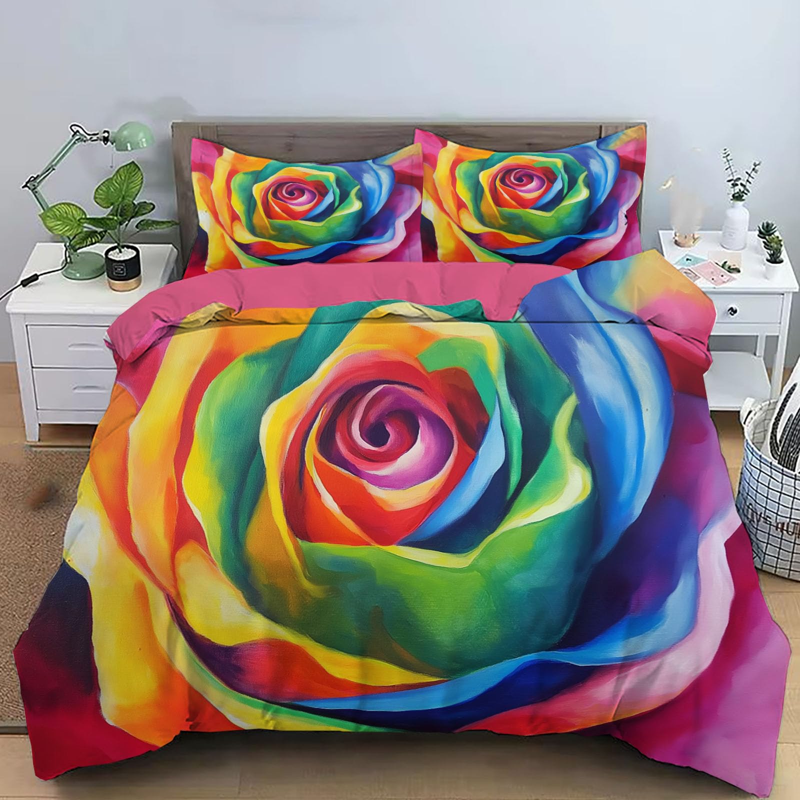 Housse de couette 220x240cm anti-glisse avec taies d'oreiller rose