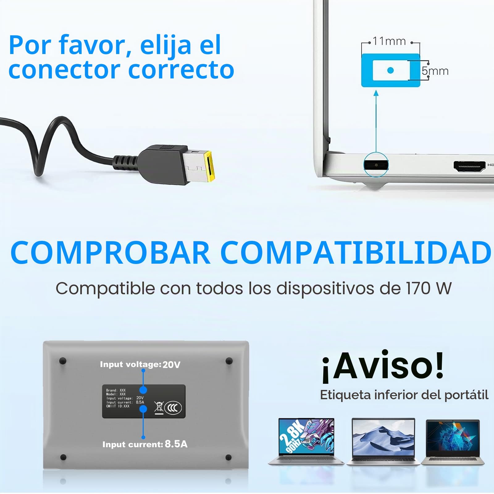 170W Cargador Portatil ADL170NLC3A Compatible con Lenovo Thinkpad P50 P70 | para Lenovo W540 W541 W550s E440, Legion 14 15 17 Y530 Y540 Y700 Y720 Y730 R720 Y7000 Y7000P Y900 Y910 Y920 Adaptador