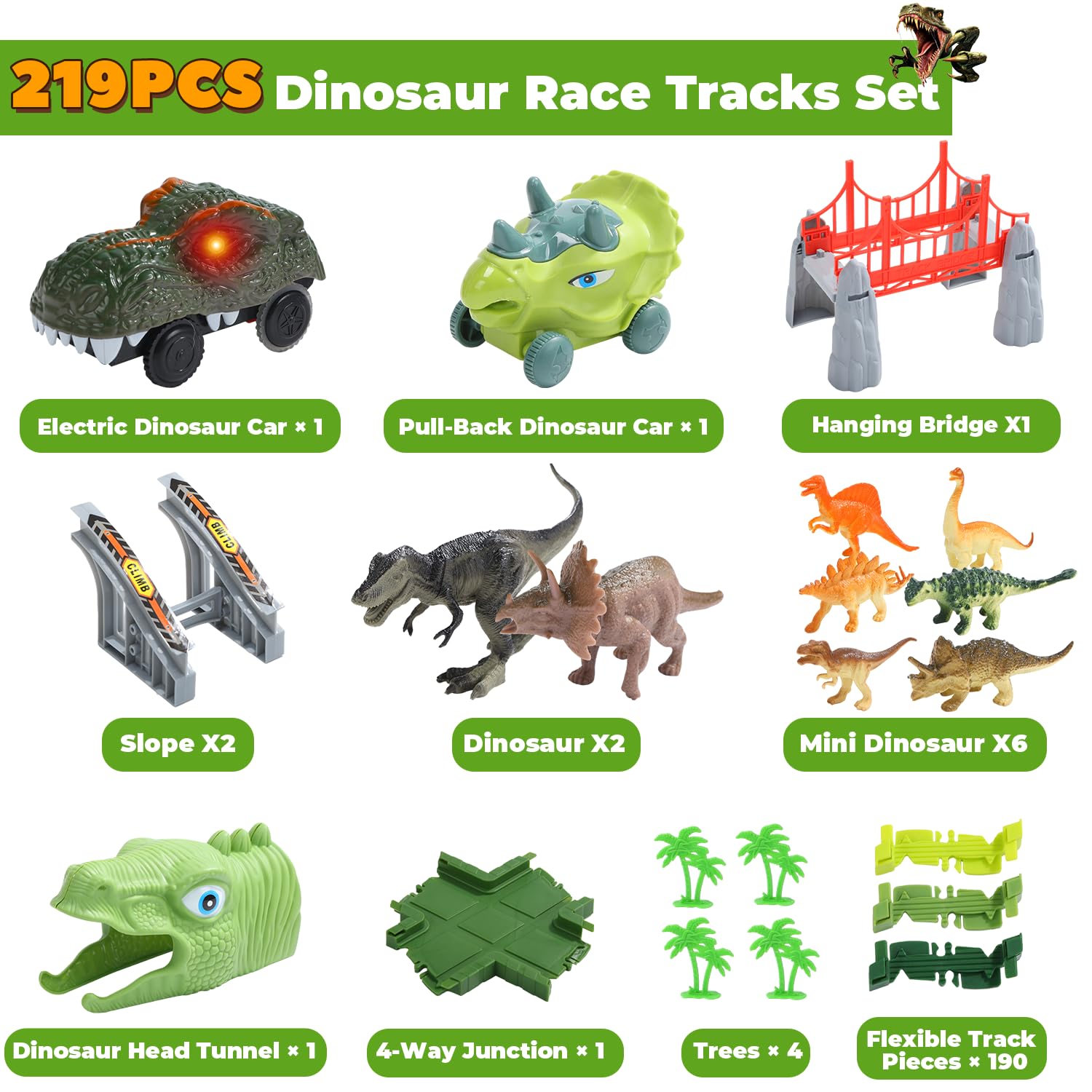 EagleStone Dinosaurier Rennbahn Set – 225 Teile Flexible Rennstrecke, 1 elektrisches Dino Auto mit Licht, 8 Dino Figuren, Dino Tunnelkopf, Weihnachts Geburtstagsgeschenk für Kinder von 3 bis 8 Jahren