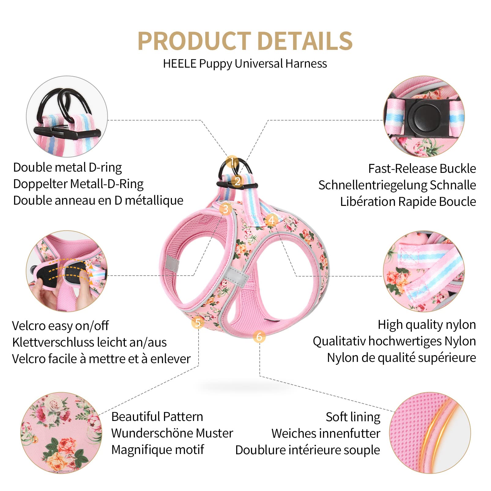 Visiter la boutique HEELE HEELE Harnais pour Chien avec Joli imprimé – Vest Air Mesh Petit, Maille Respirante, Douce et Confortable réfléchissante, Motif Floral Rose, S in use