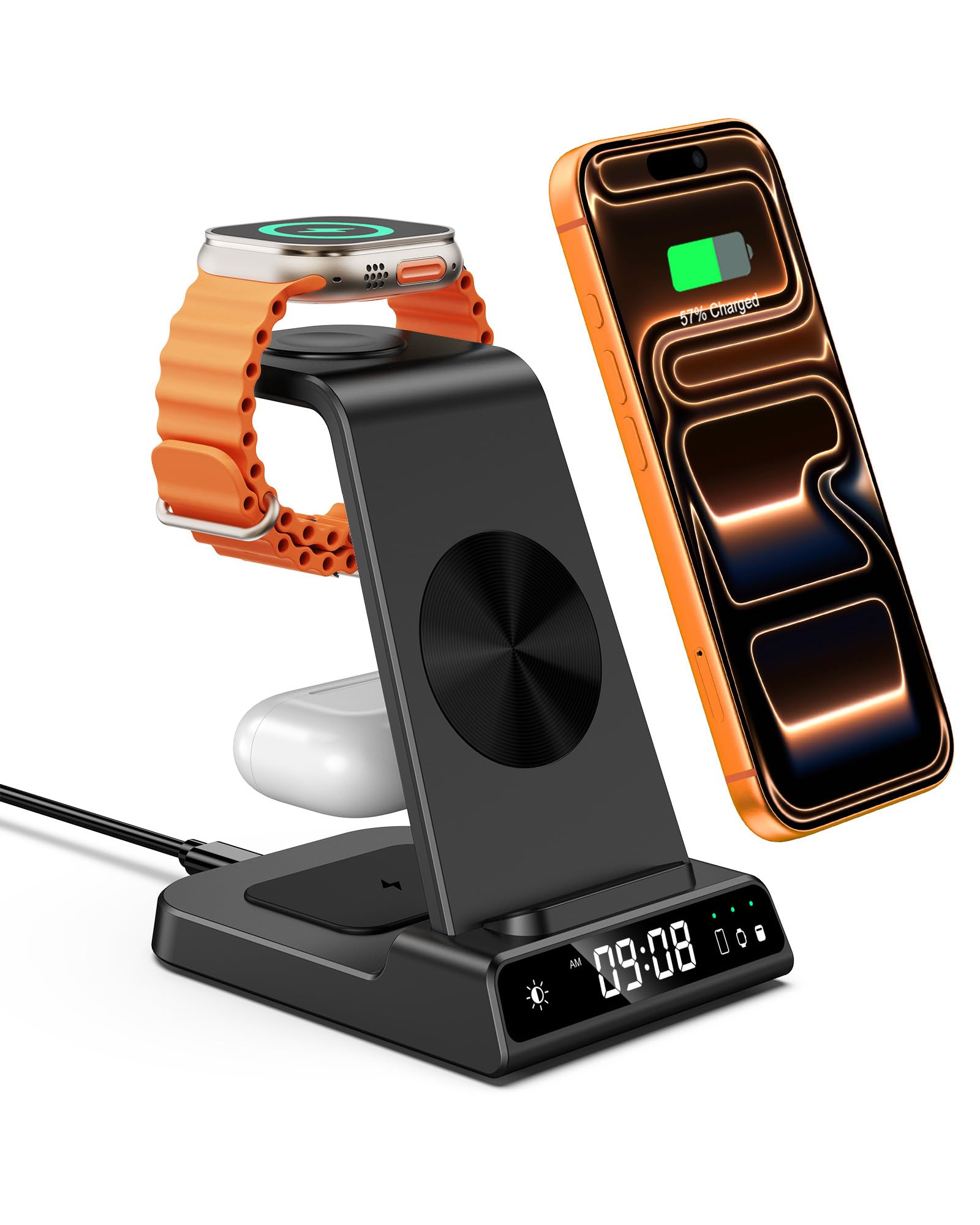 Stazione di ricarica per Apple, caricatore wireless 3 in 1 con orologio per iPhone 16/15/14/13/12/11/SE/XR/XS/X, supporto di ricarica per Apple Watch Ultra/9/8/7/6, AirPods Pro/4/3 (Senza Adattatore)