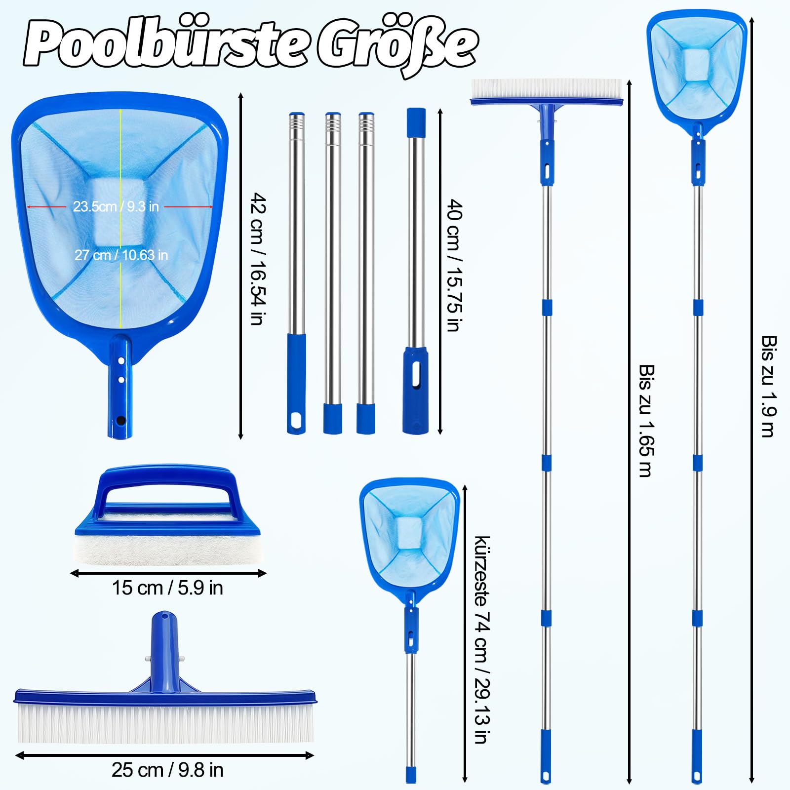 4BAOHUI Brosse de piscine avec manche en acier inoxydable, épuisette avec manche télescopique, kit de balai de piscine, brosse de nettoyage pour piscine, épuisette pour nettoyer les feuilles de