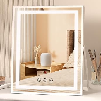 FUNTOUCH Cosmetic Mirror with Lighting Large Makeup Mirror with Light 3 Color Temperatures Adjustable 360  Rotation Touch Control Plug-in Makeup Mirror for Home White [Energy Class D]