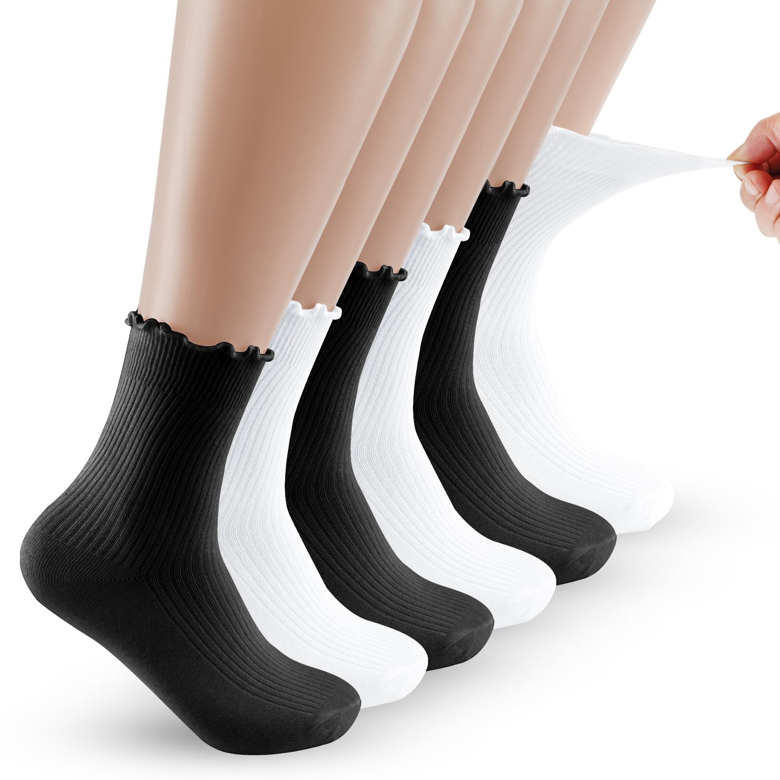 Maxmoc 6 Paar Rüschen Socken, Baumwolle Socken mit Rüschen Damen, Mittelhoch Rüschensocken Weiche Atmungsaktive Strick, 36-42 (DE/NL/SE/PL, Numerisch, 36, 42, Regular, Regular, weiß+schwarz)