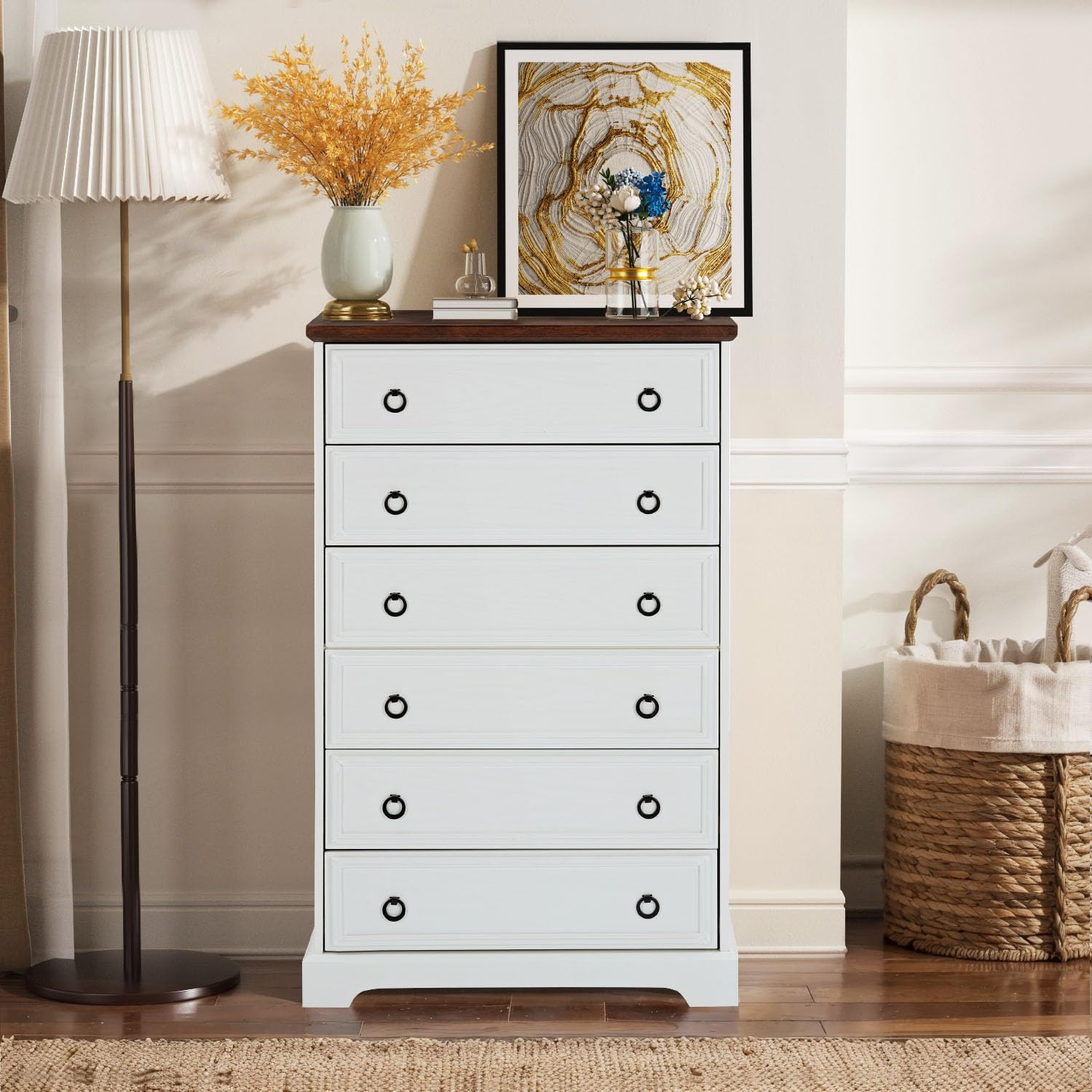 White Tall Skinny Dresser for Bedroom, 6 Drawer Dresser