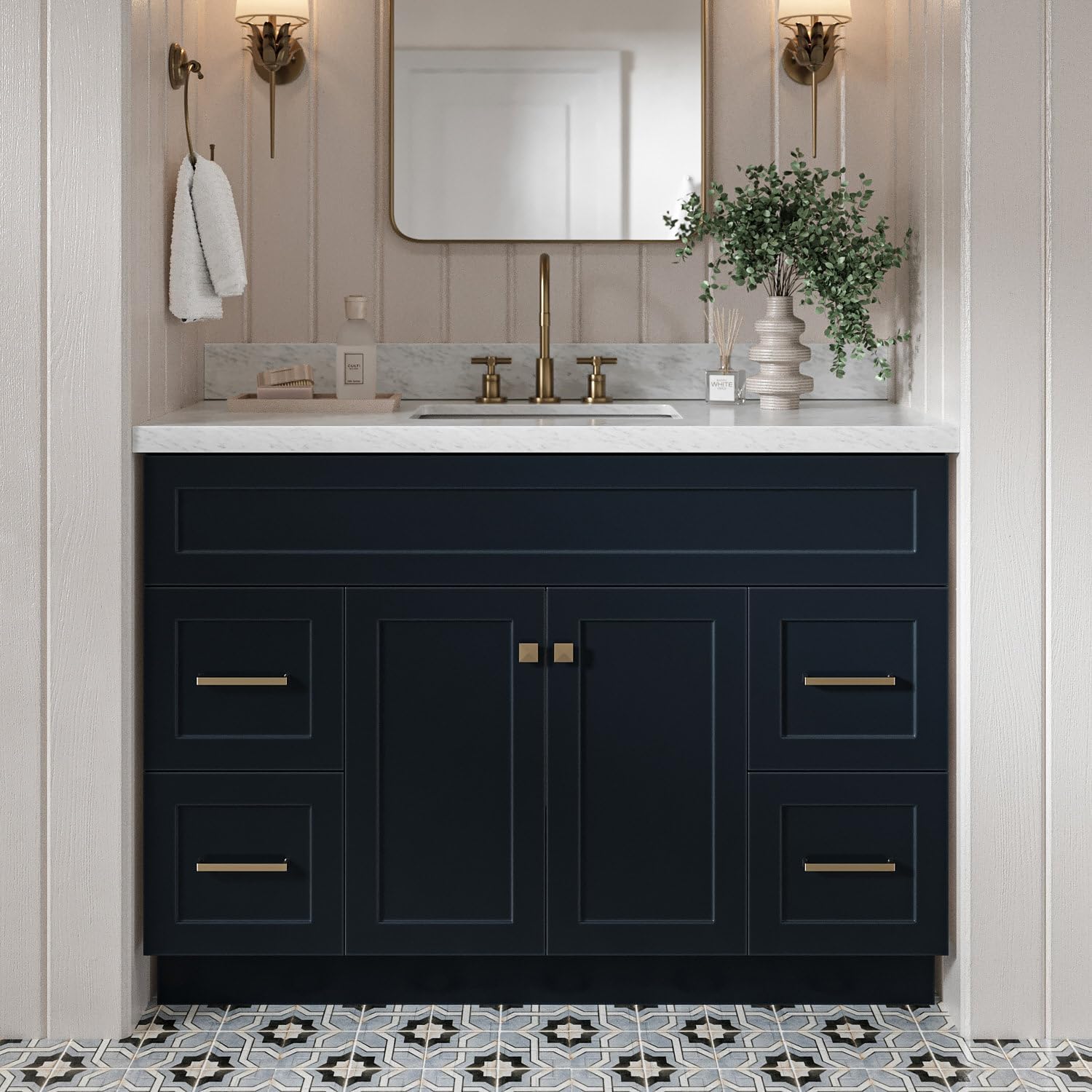 DKB Bradford 48-Inch Bathroom Vanity with Sink — Midnight Blue Single Sink Bathroom Vanity, 1.5" Edge Italian Carrara Marble Top, Solid Wood, 2 Soft-Close Doors, 4 Full Extension Dovetail Drawers