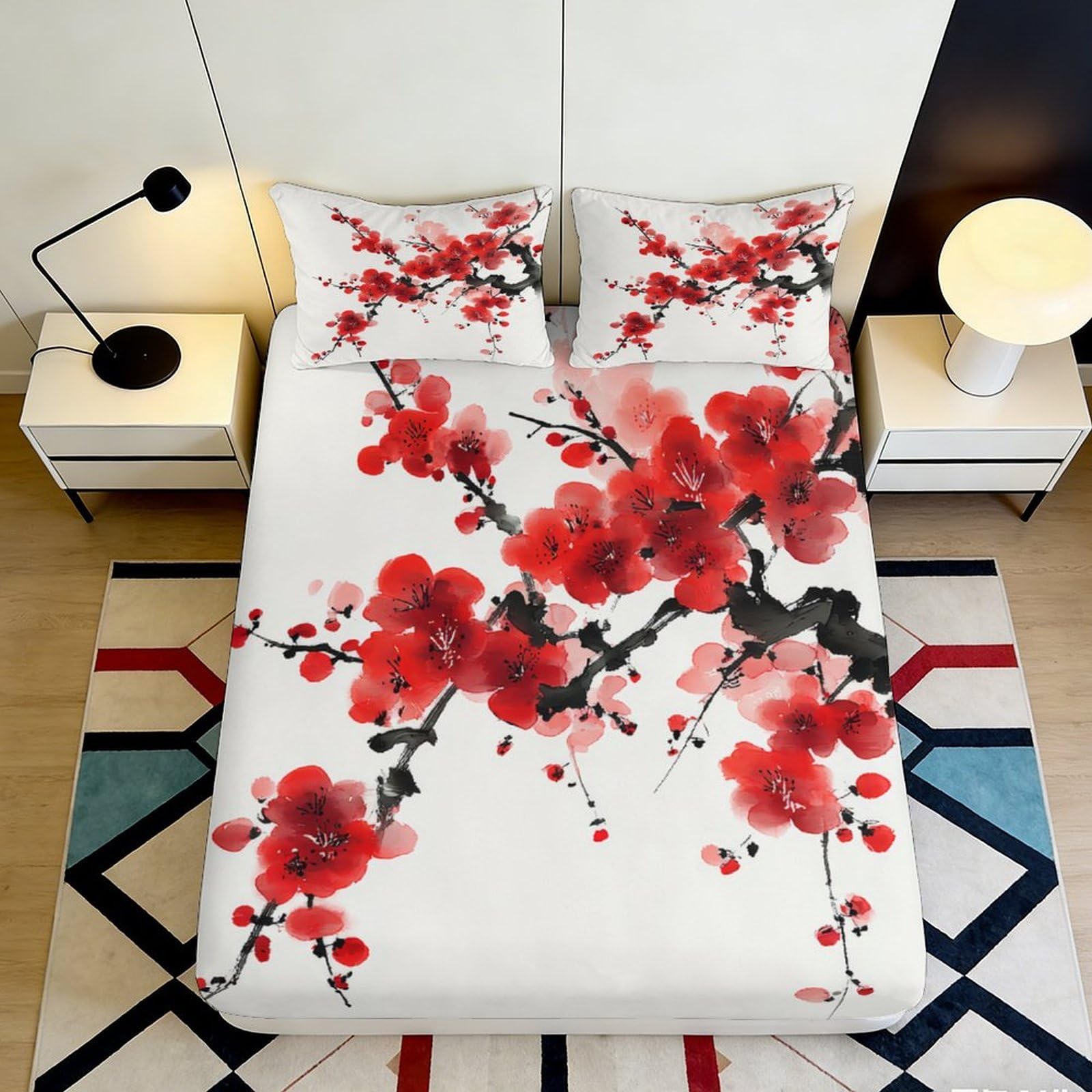 3D Printed Plum Blossom Fitted Sheet Microfiber Deep Pocket Bedroom Bedding Plum Blossom Mattress Fitted Cover Non-Slip Washable 140x200x25cm