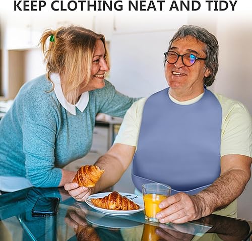 Miniatura 7 de Baberos para adultos para hombres, mujeres, ancianos - Baberos de silicona para adultos para comer - Babero lavable con recogedor de migas (azul)