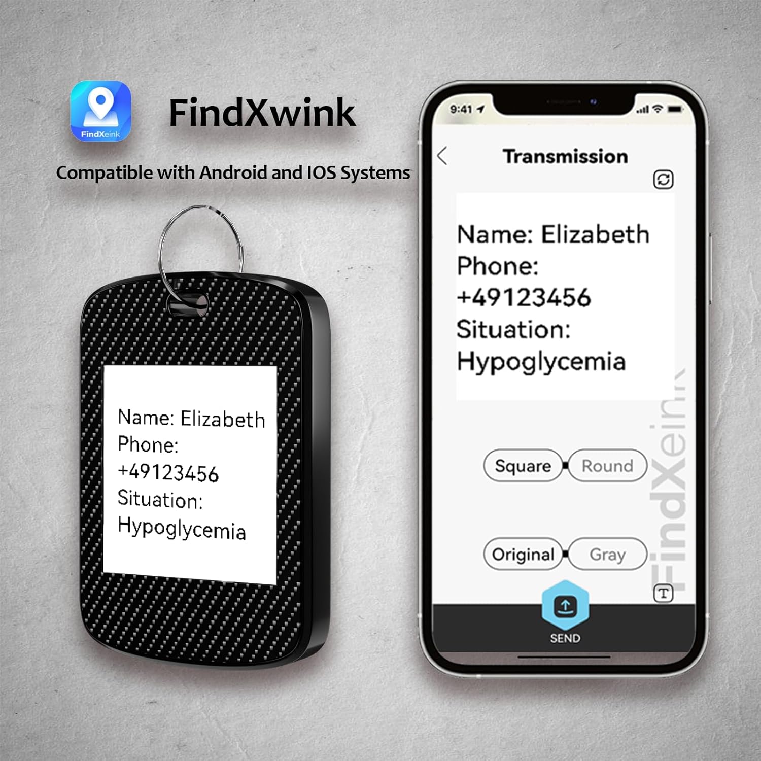 FindXeink E-Ink Finder Tag next to an iPhone displaying the FindXwink app with text input for the E-Ink screen