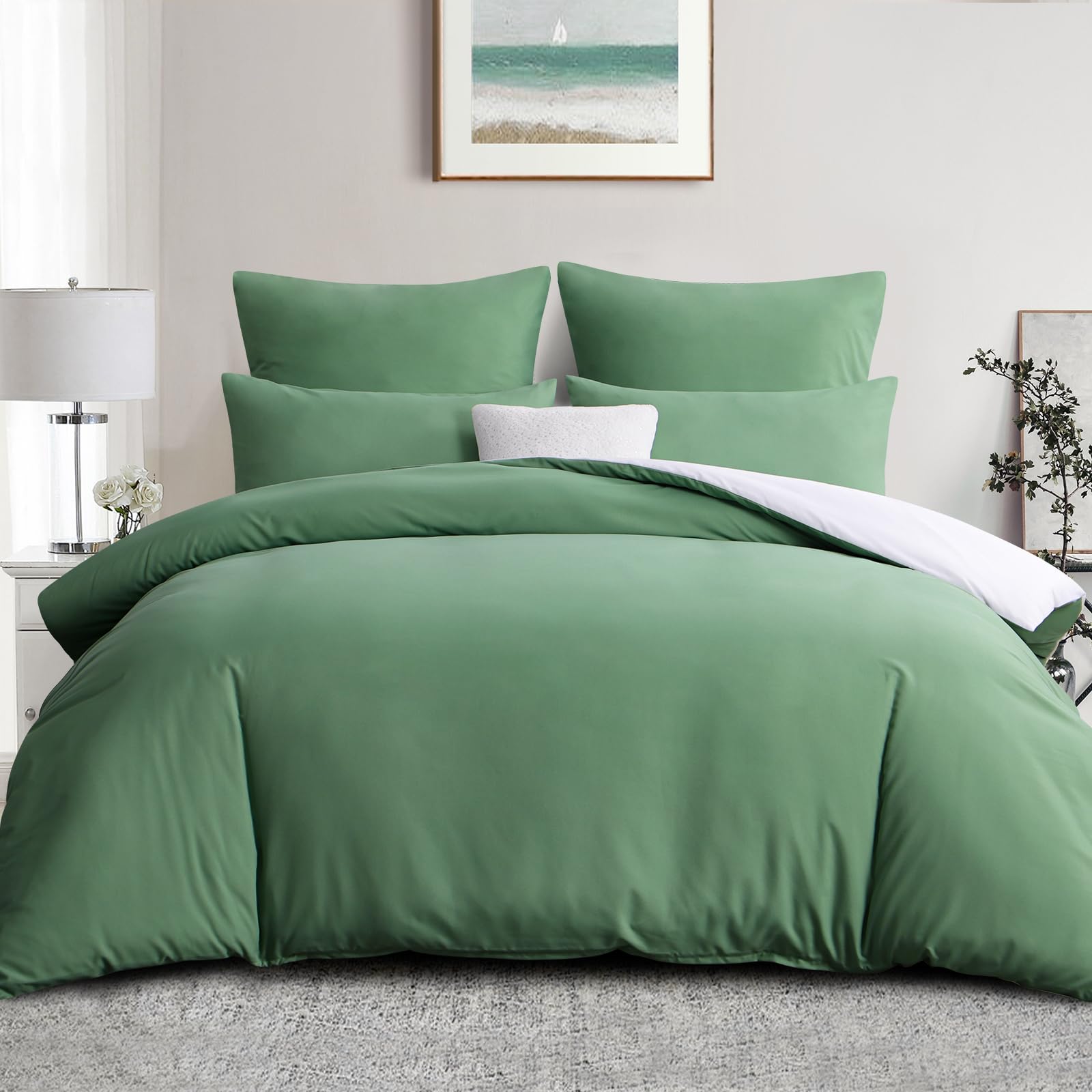 Aisbo Housse de Couette Vert et Blanc - Parure Double Adulte - Microfibre OEKO-TEX Standard 100