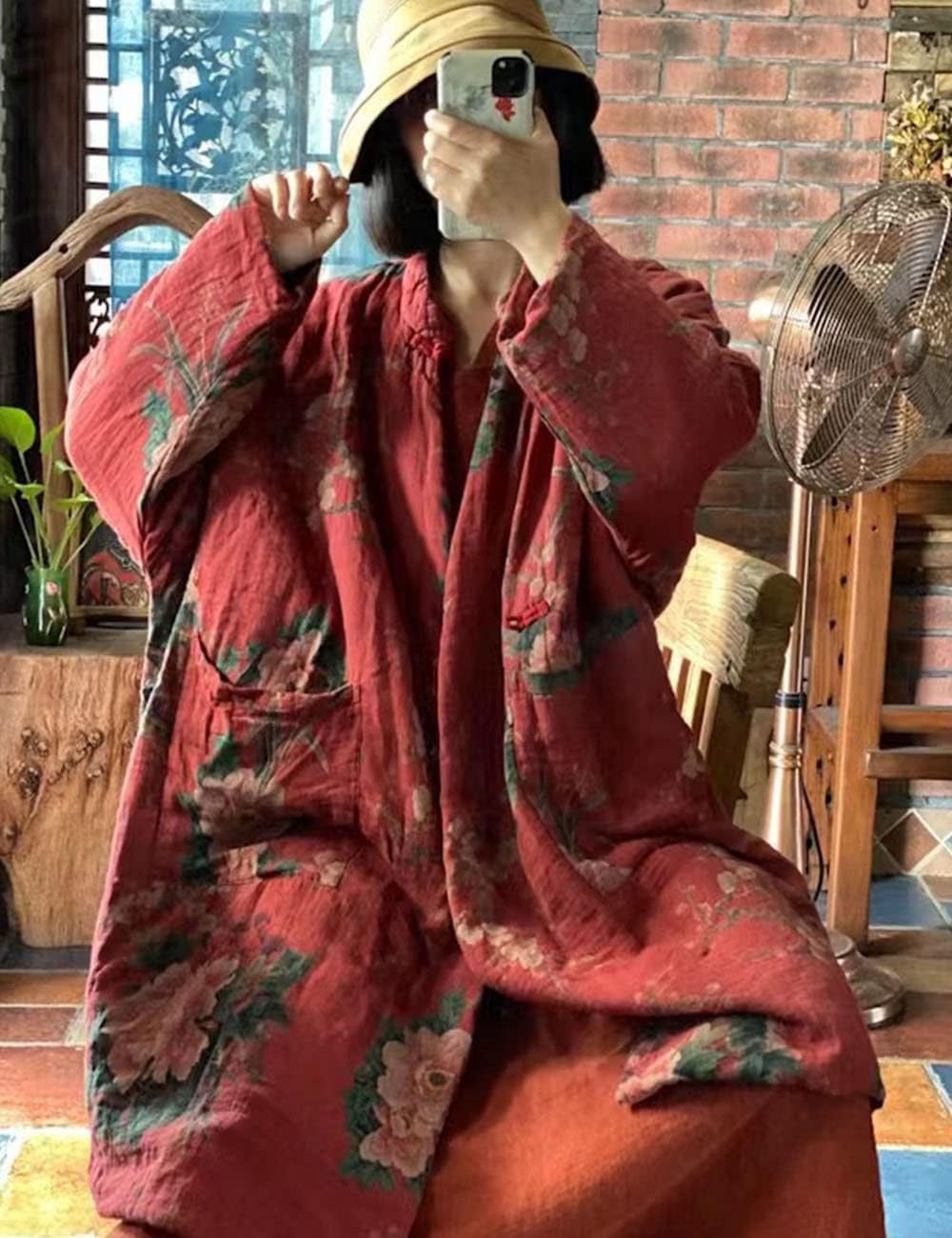 NFYM Women Cotton Jacket Kimono Soft Quilted Flower Printed Long Loose Outwear Coats with Pockets (as1, alpha, one_size, plus, regular, Red) - Image 6