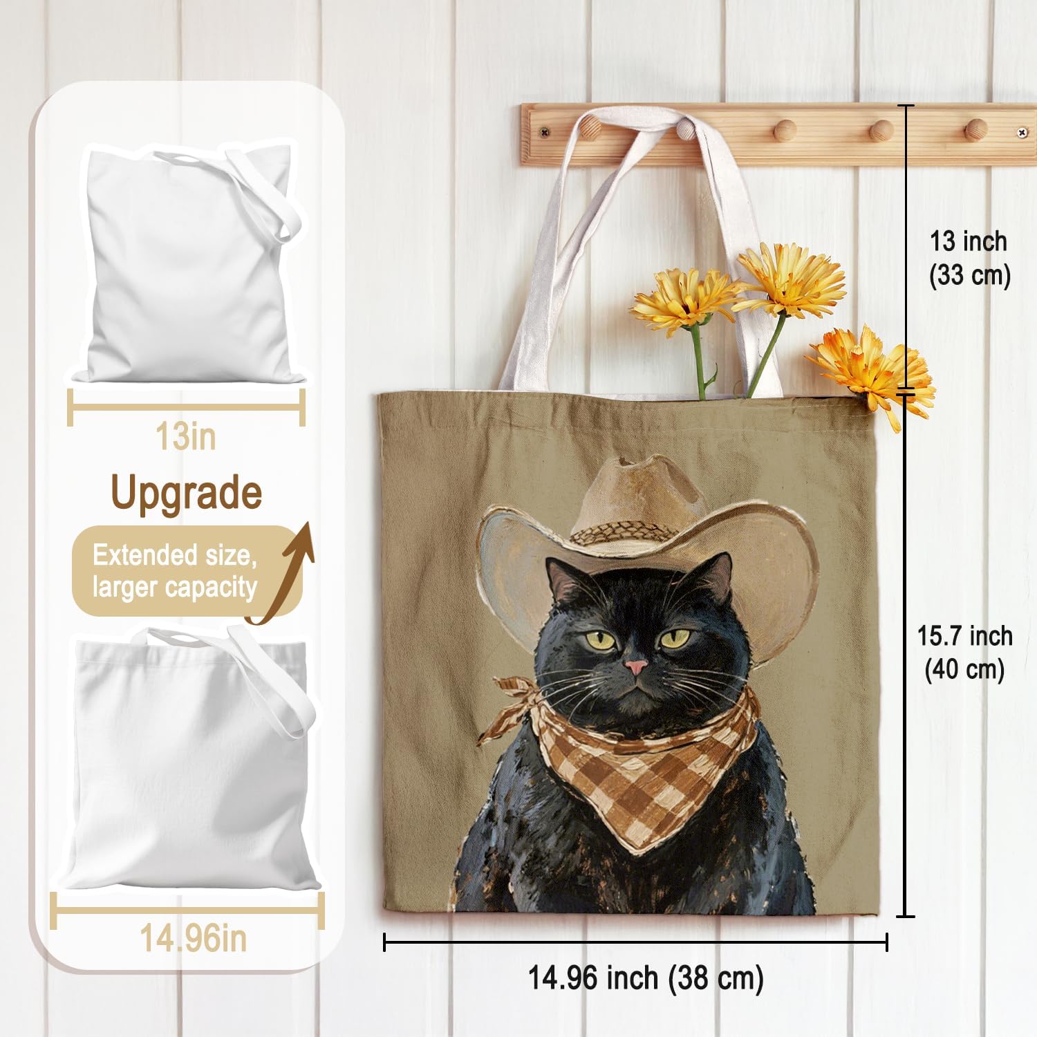 Cute Black Cat Canvas Tote Bag Aesthetic Flowers Reusable Shopping Grocery Bags Birthday Gifts for Women & Teen Girls - Image 5