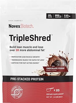 Novex Biotech TripleShred Protein Powder Lean Muscle & Metabolism Support with Thermogenic Blend, Caffeine, Green Tea & Coffee Bean Weight Management Formula, Chocolate Fudge, 20 Servings