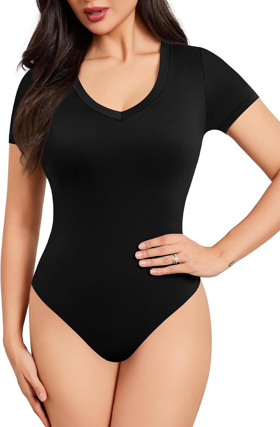 Laughido Women's V Neck Short Sleeve Fitted Bodysuit Summer Basic Casual Double Lined Tee Shirt Tops