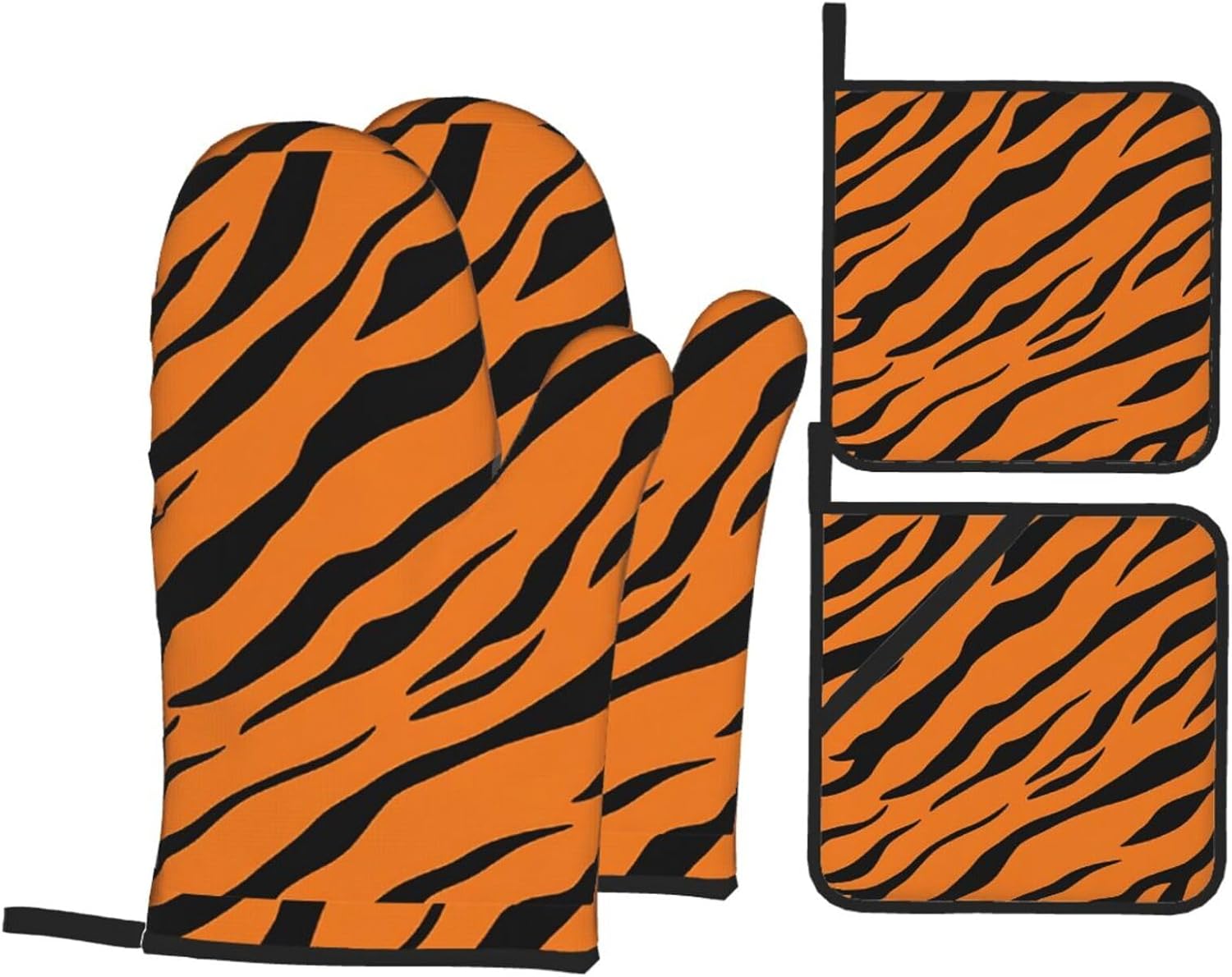 (Orange Tiger Leopard) Baking 4-Piece Set: 2 Oven Mitts and 2 Pot Holders Heat Resistant Waterproof Hanging Loop for Kitchen Oven Grill Housewarming Gifts