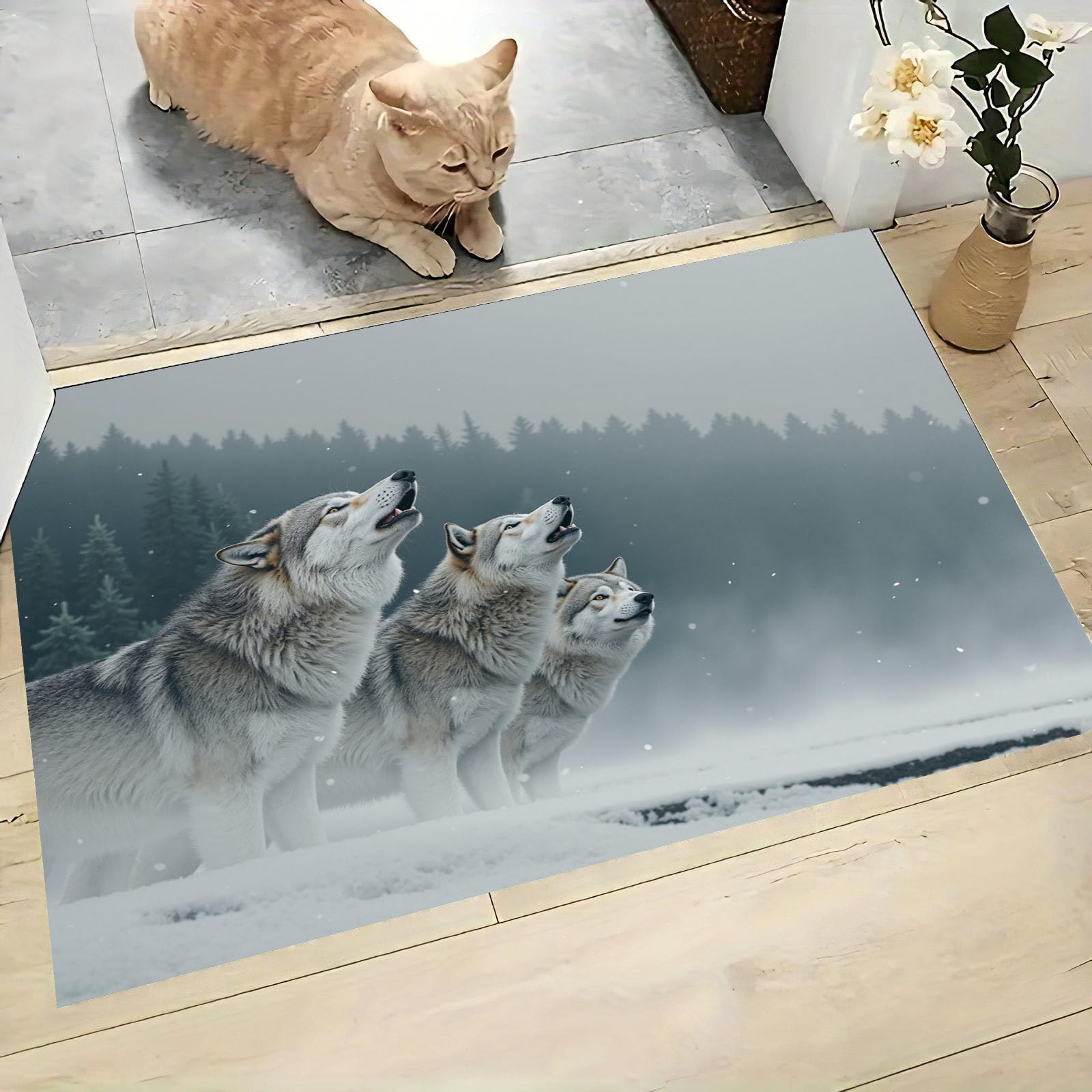 Tapis absorbant meute de loups des neiges gris en 80x120 cm