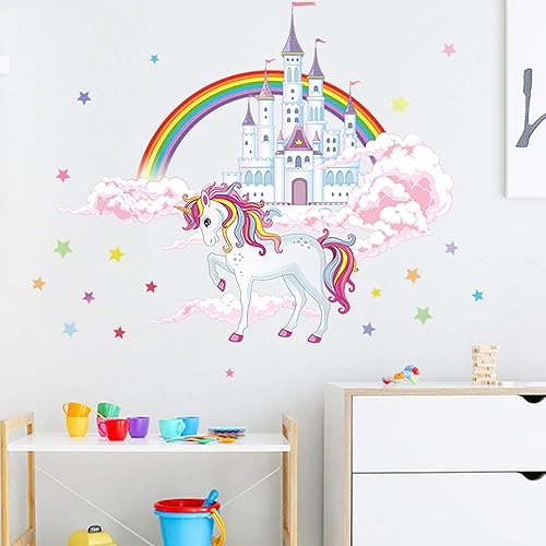 Miniatura 3 de ROFARSO Colorido unicornio castillo estrellas arco iris nubes grandes calcomanías de pared despegar y pegar, calcomanías de pared extraíbles DIY