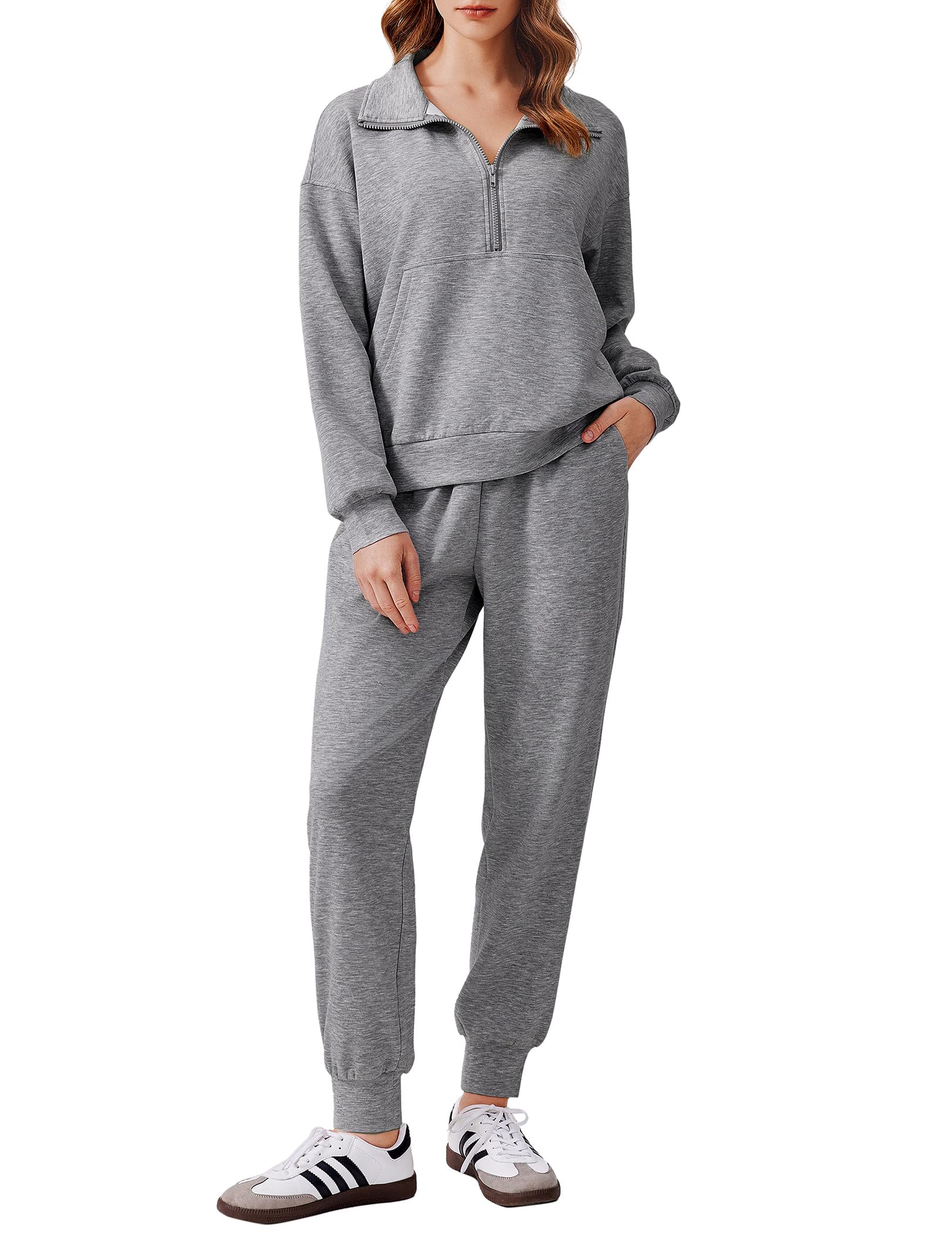 PINSPARK 2 Piece Sets for Women Long Sleeve Half Zip Tracksuit Jogger Sets | 2026 Fall Travel Outfits Lounge Set, Lightweight Soft Air Layer Fabric, Kangaroo Pocket Sweatshirt, Drawstring Joggers Pants