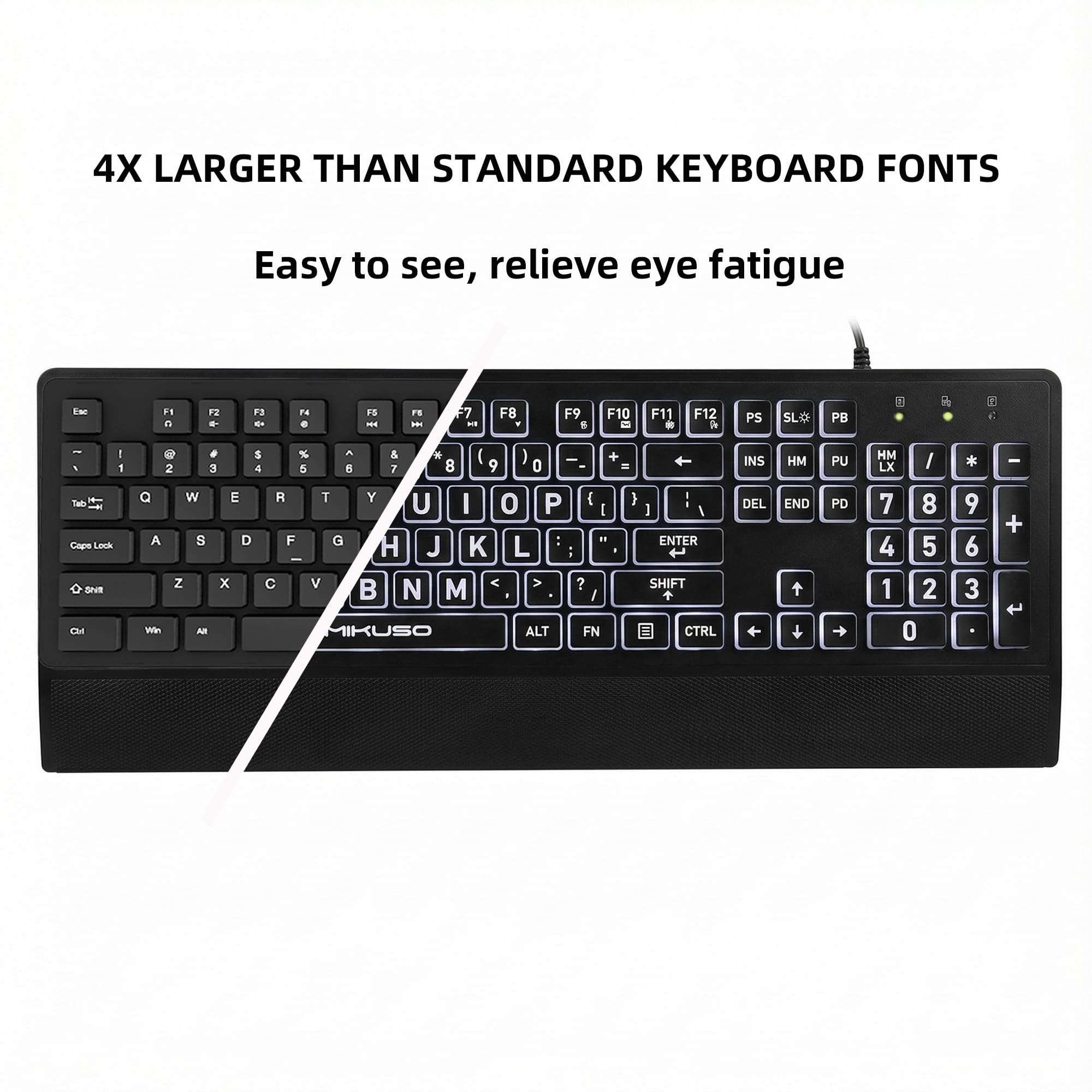 Großgedruckte Tastatur mit Hintergrundbeleuchtung für Senioren, Sehbehinderte, kontrastreiche schwarze Tasten, weiße LED mit Abdeckung, kabelgebunden, USB 104 in voller Größe, leicht zu lesende große